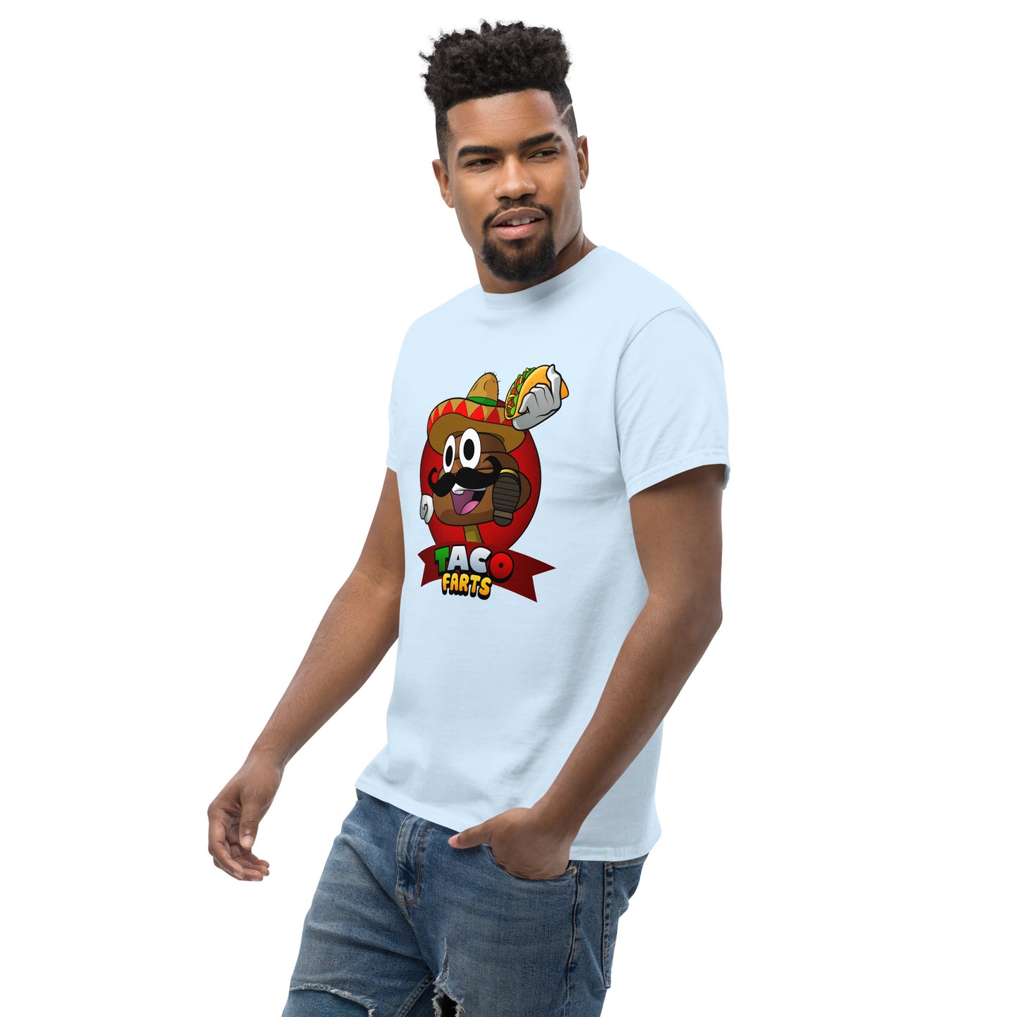 Side angle of model in light blue Taco Farts T-Shirt with bold print