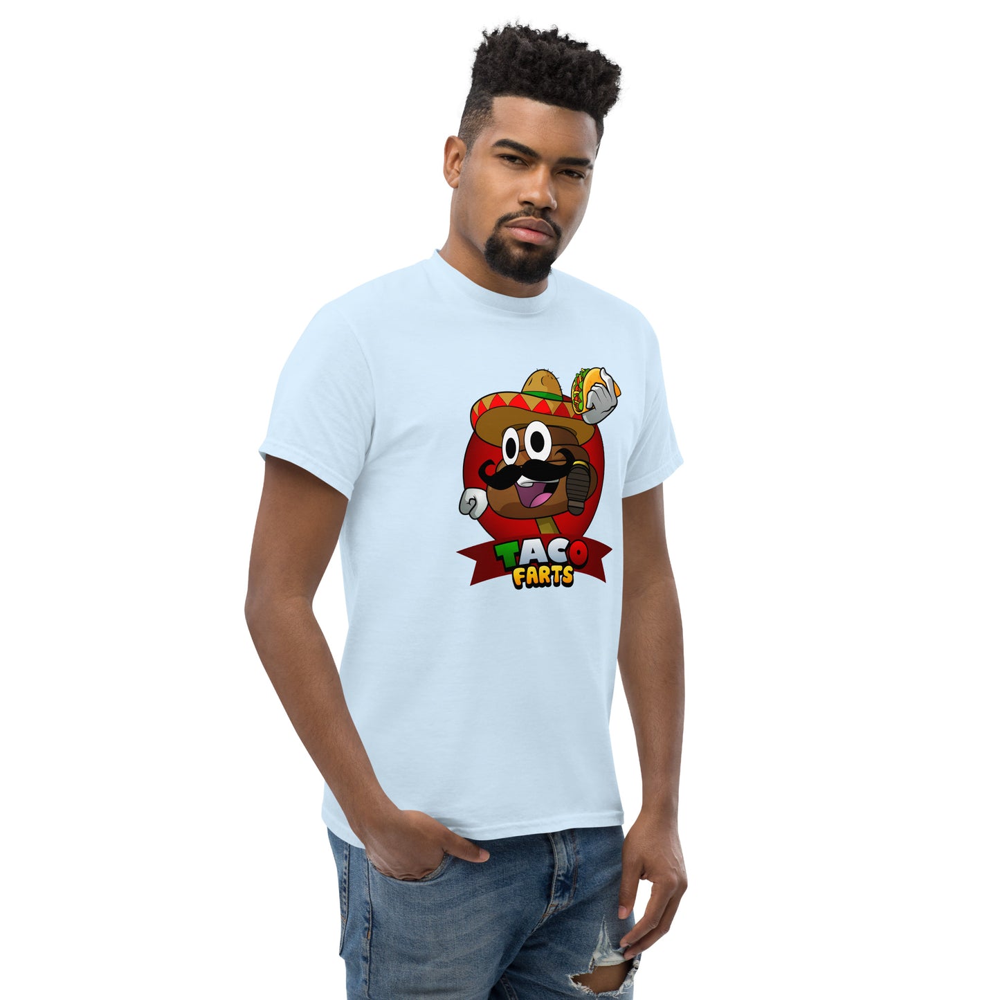 Mr Farts from Taco Farts bold print on light blue t-shirt