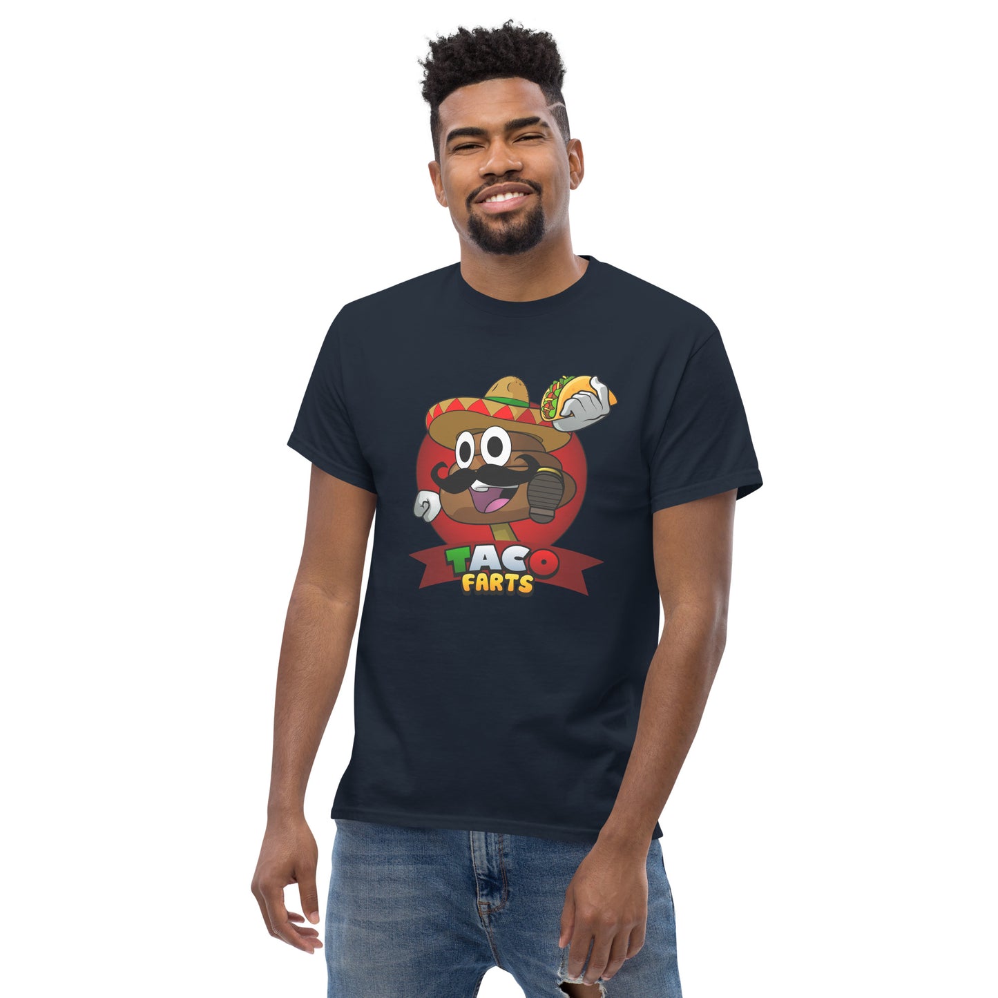 Model wearing navy Taco Farts t-shirt