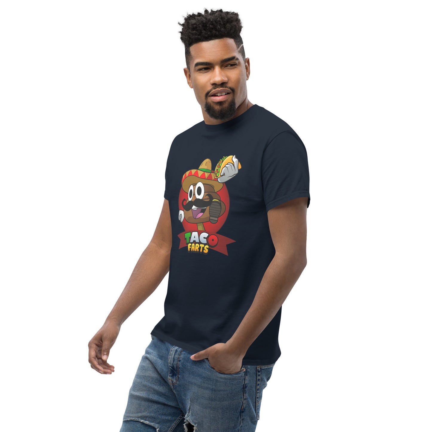 Navy Taco Farts tee side on angle of print