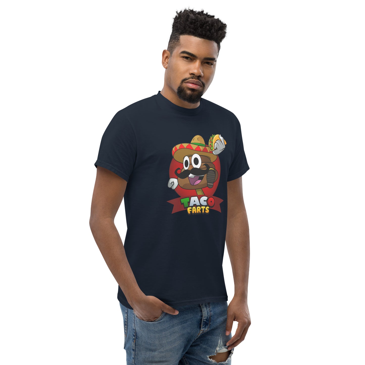 navy Taco Farts tee with bold print