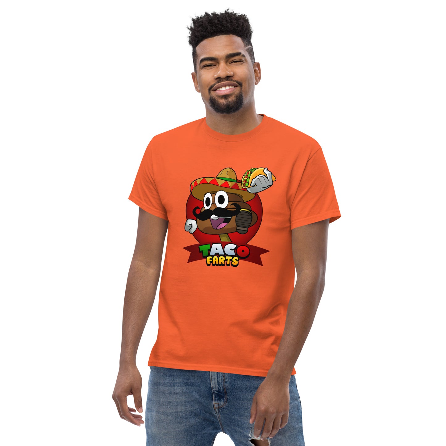 Orange Taco Farts tee worn by model second front view