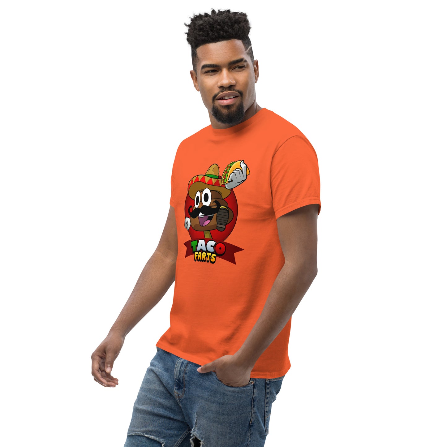 Side angle of Taco Farts print on orange shirt