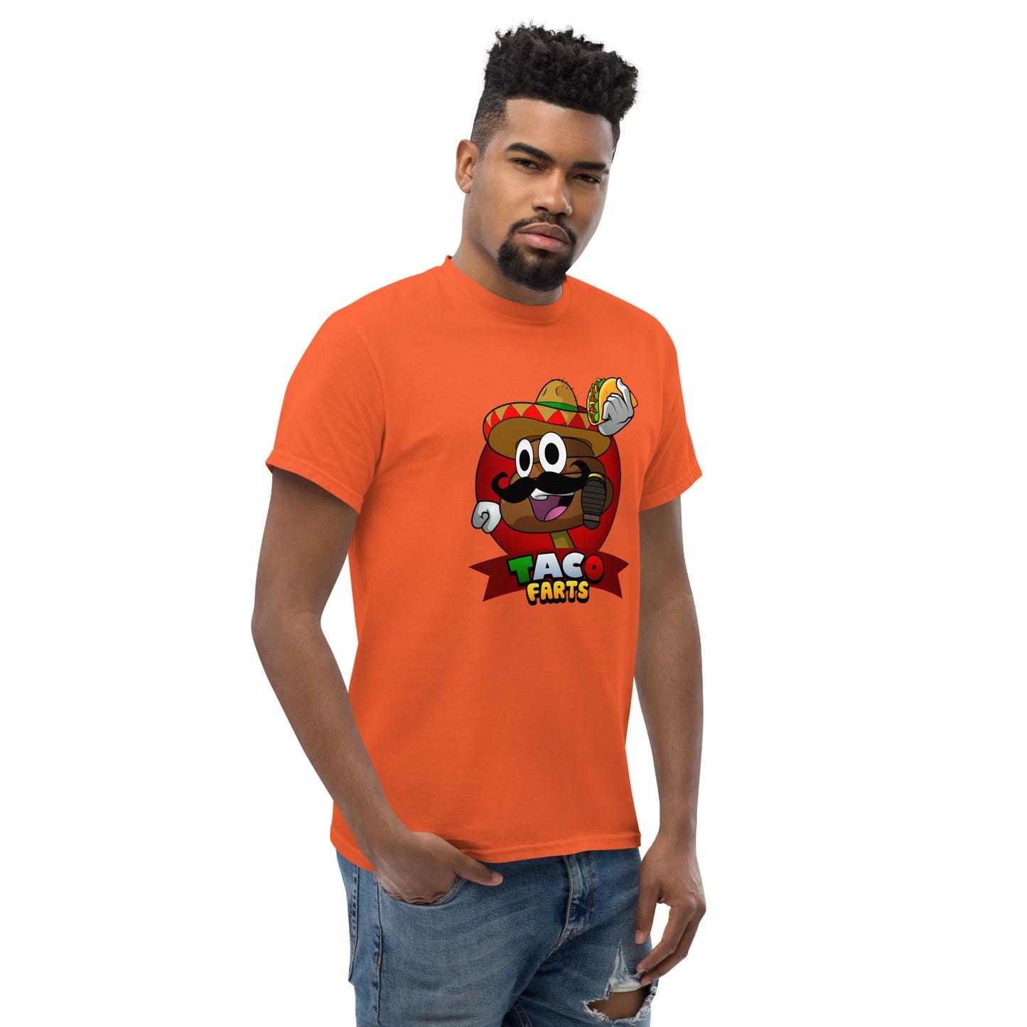 Orange Taco Farts t-shirt with graphic of Mexican Mr Farts
