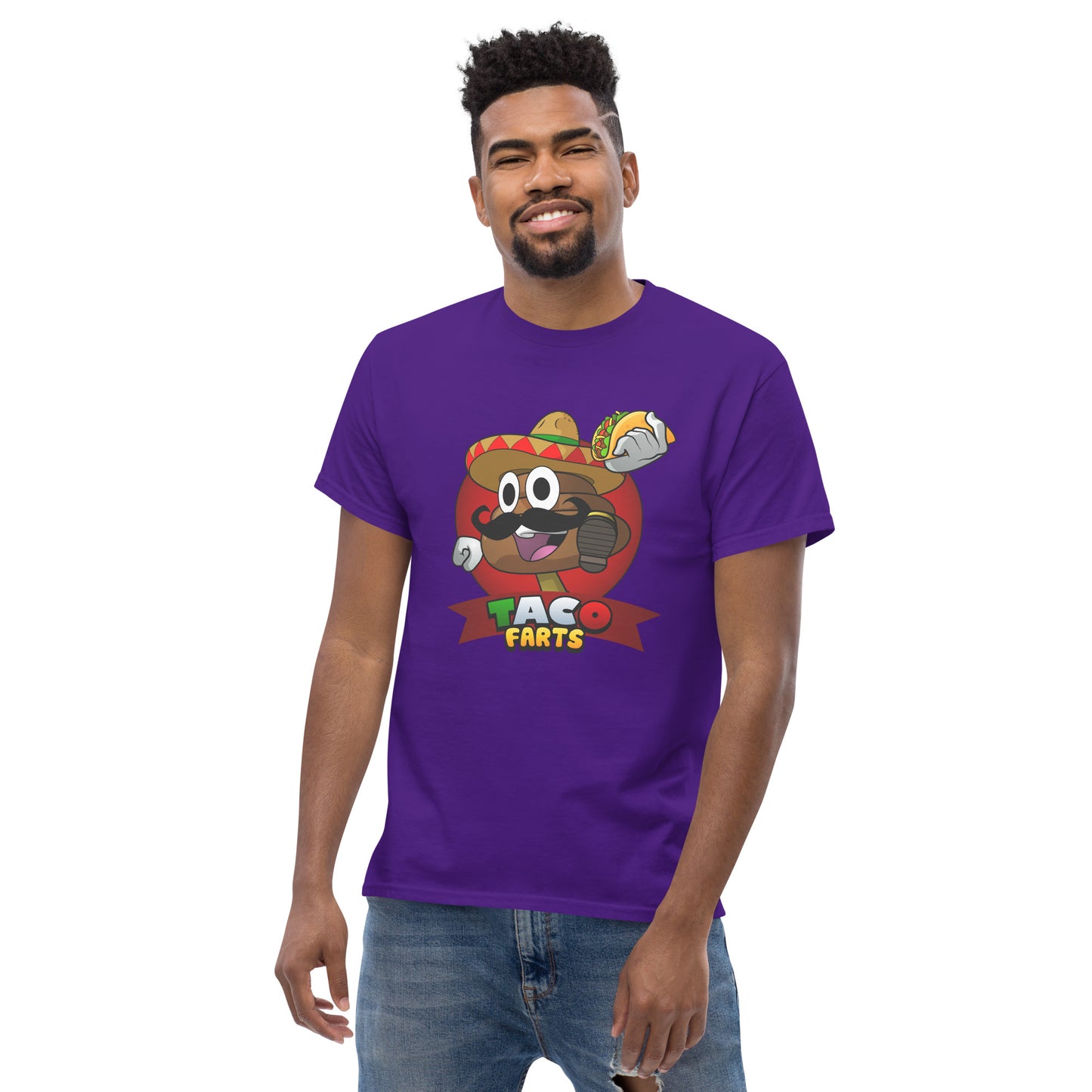Purple Taco Farts tee on model