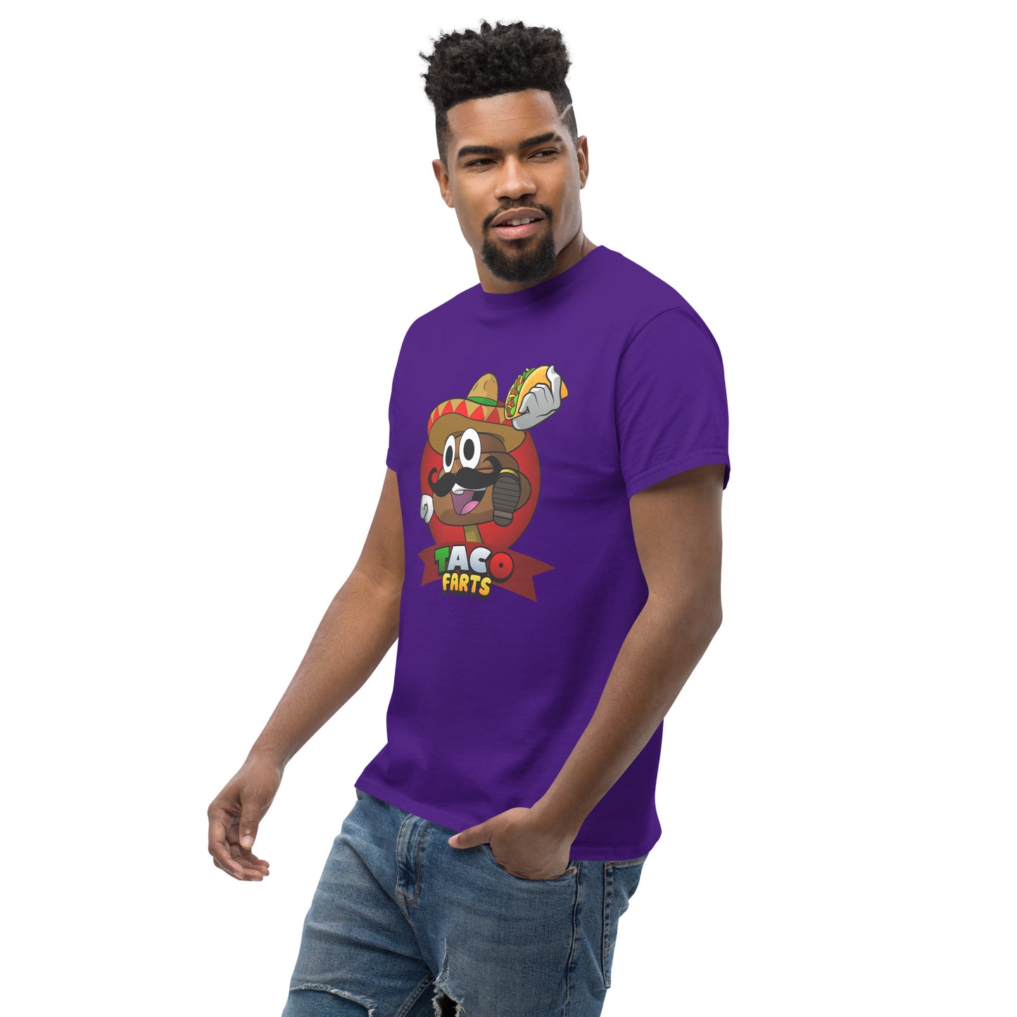 Side angle of model in purple Taco Farts T-Shirt with bold print