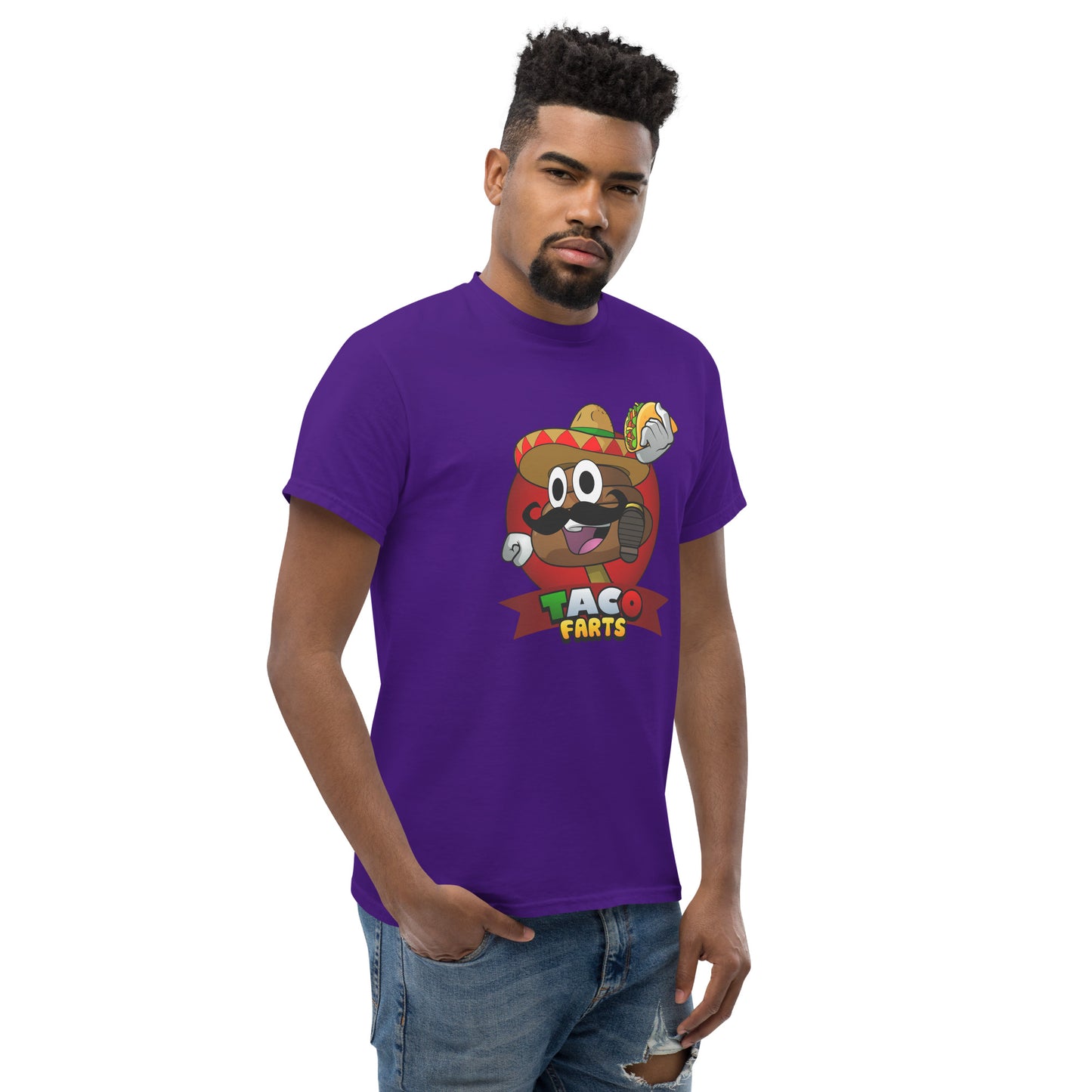 Mr Farts from Taco Farts bold print on purple t-shirt
