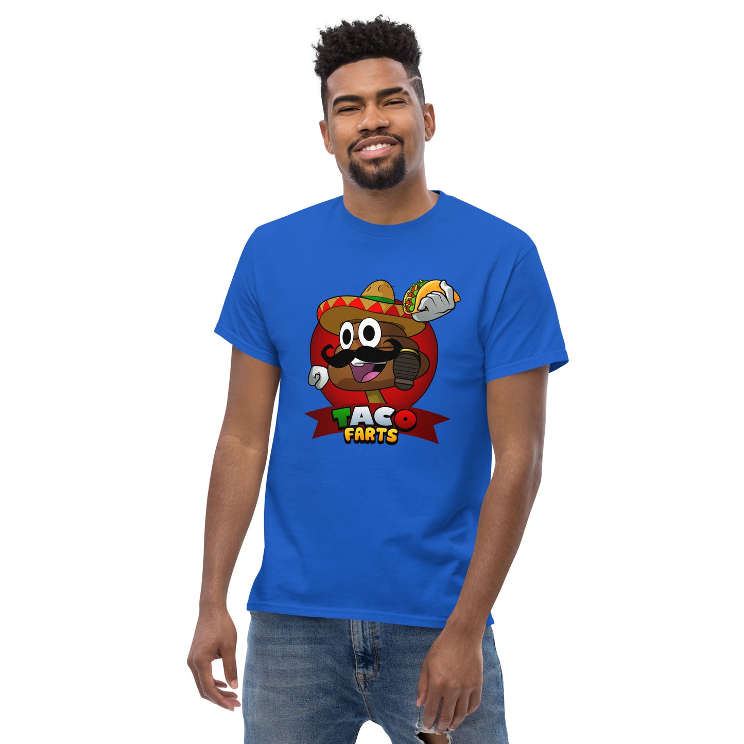 Model wearing blue Taco Farts t-shirt