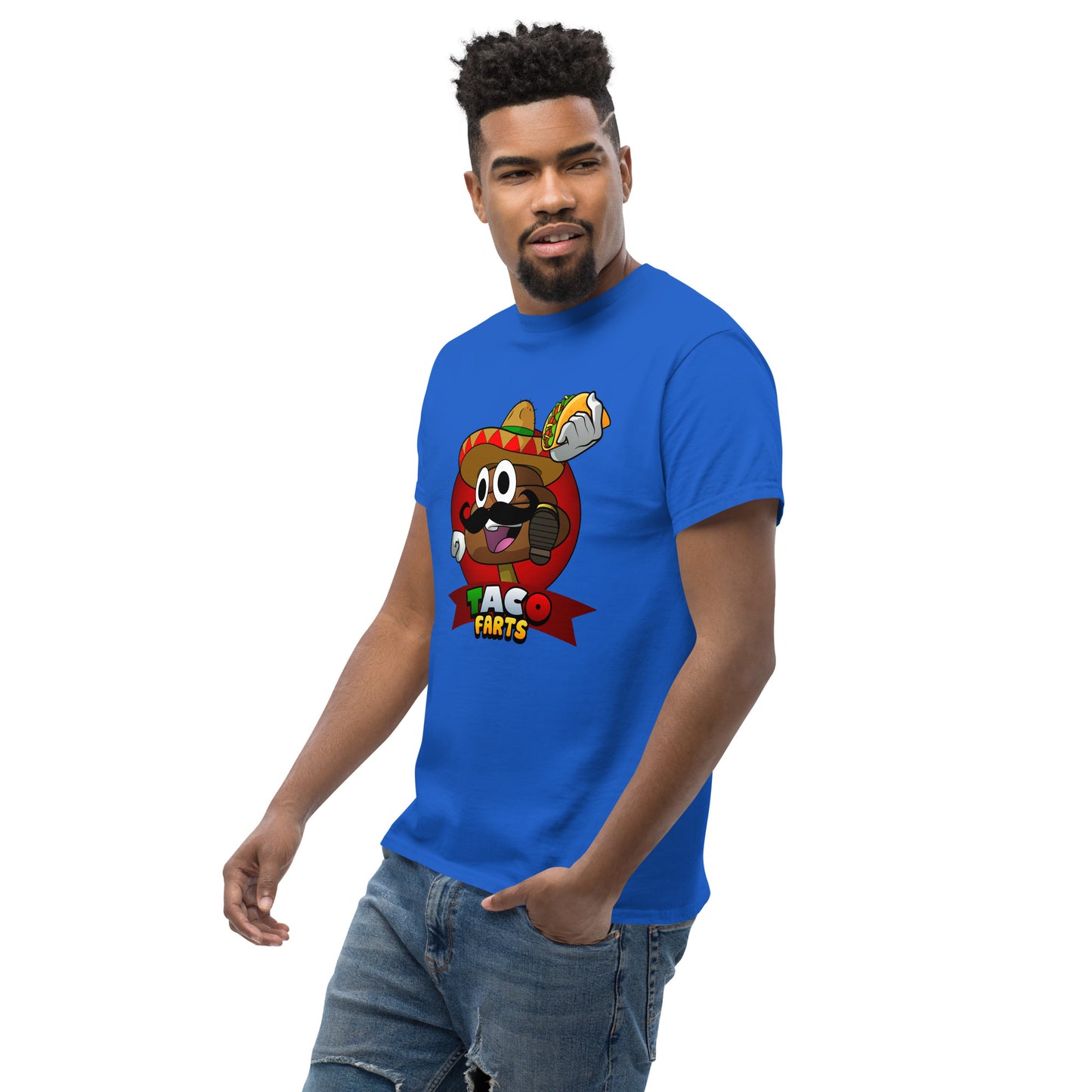 Side angle of model in blue Taco Farts T-Shirt with bold print