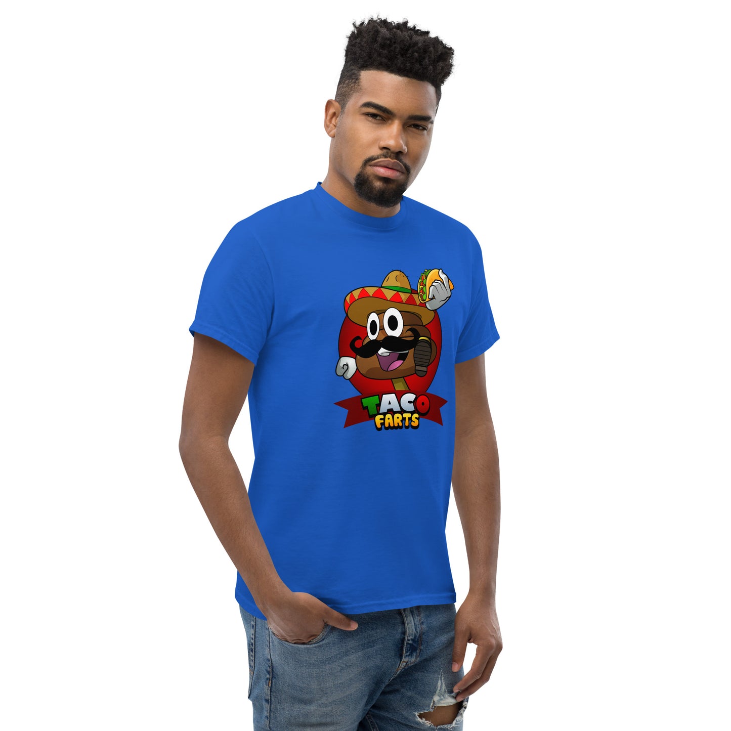 Mr Farts from Taco Farts bold print on Blue t-shirt