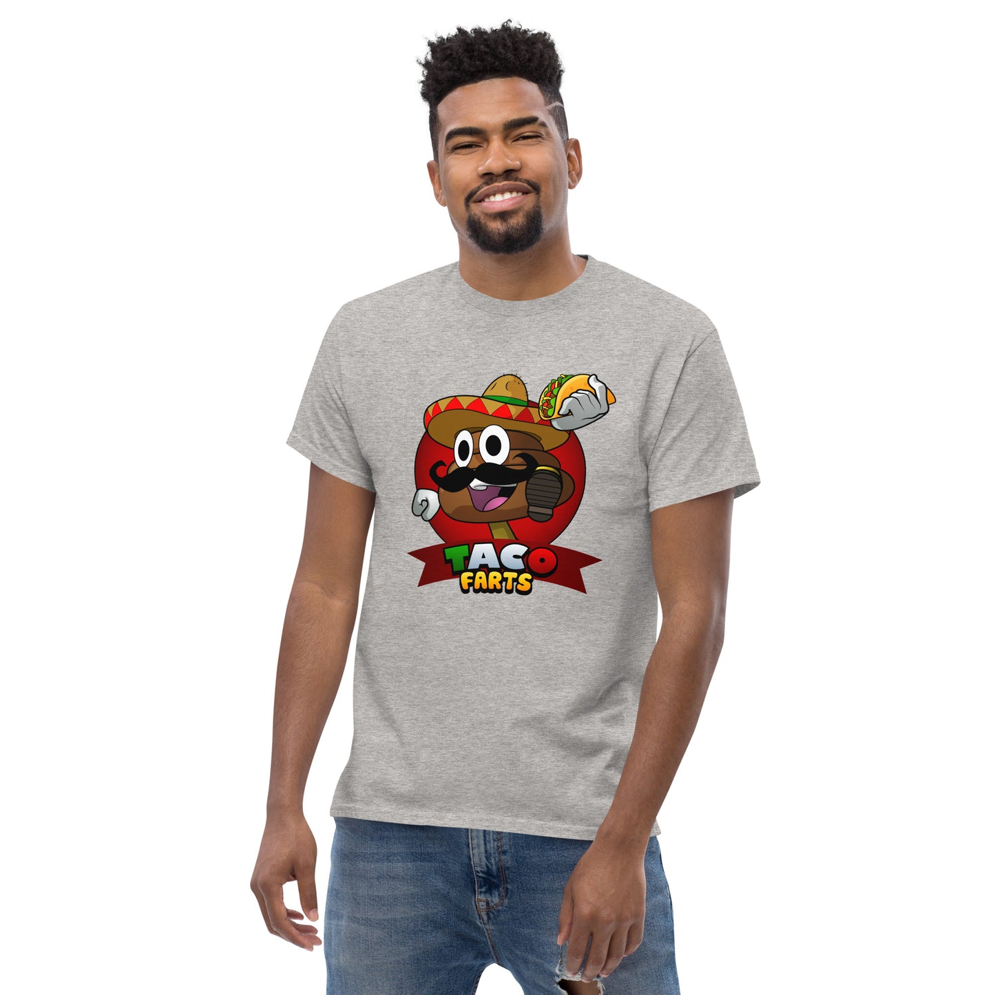 Grey Taco Farts tee worn by model