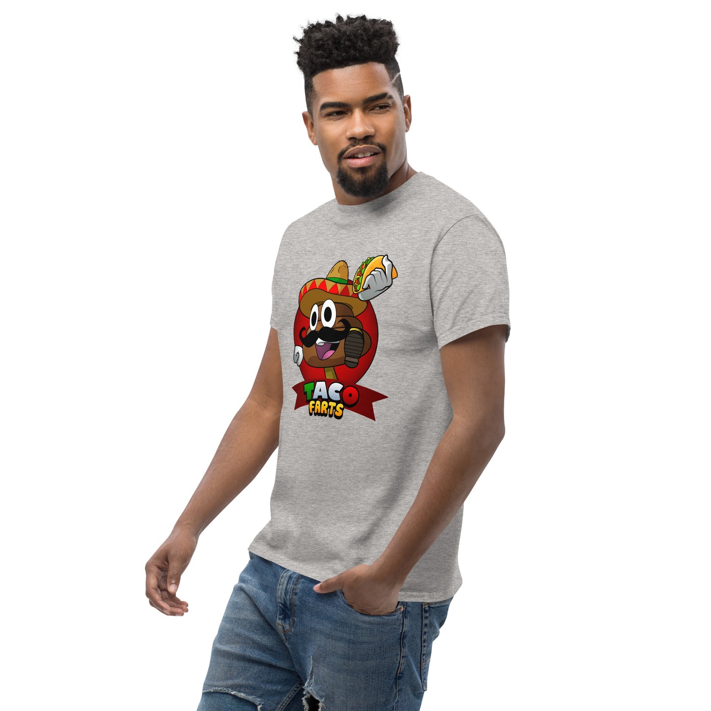 Taco Farts design on light grey t-shirt side on
