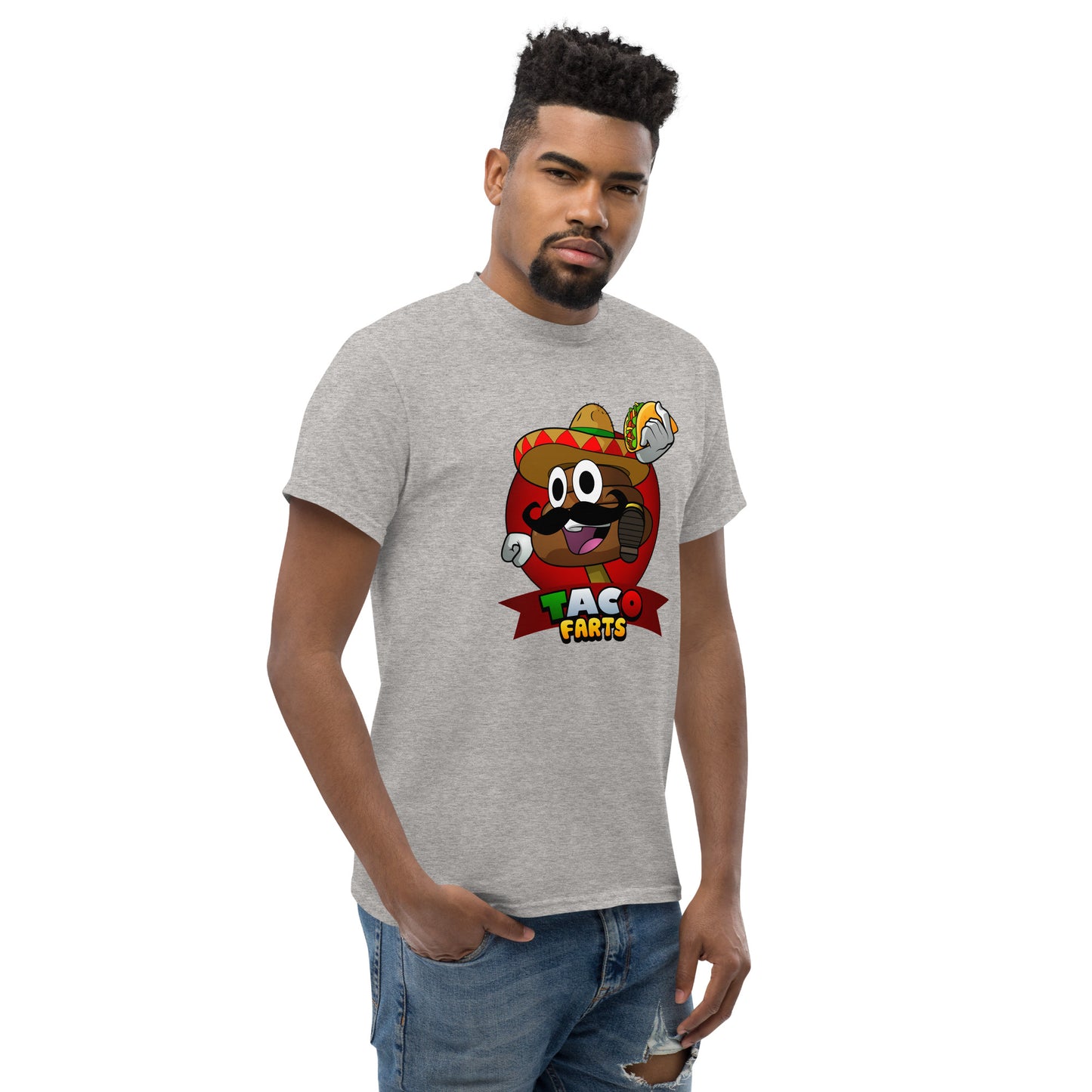 Taco Farts tee in light grey model smoulder