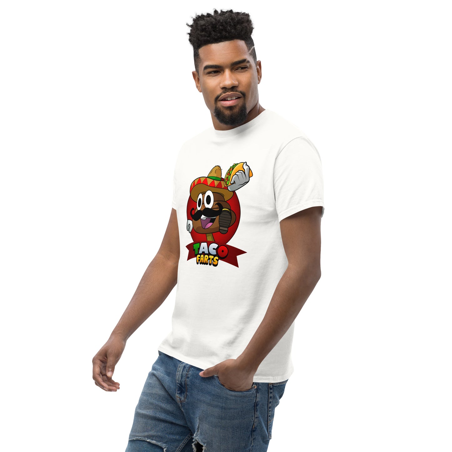 White Taco Farts tee worn by model side on angle