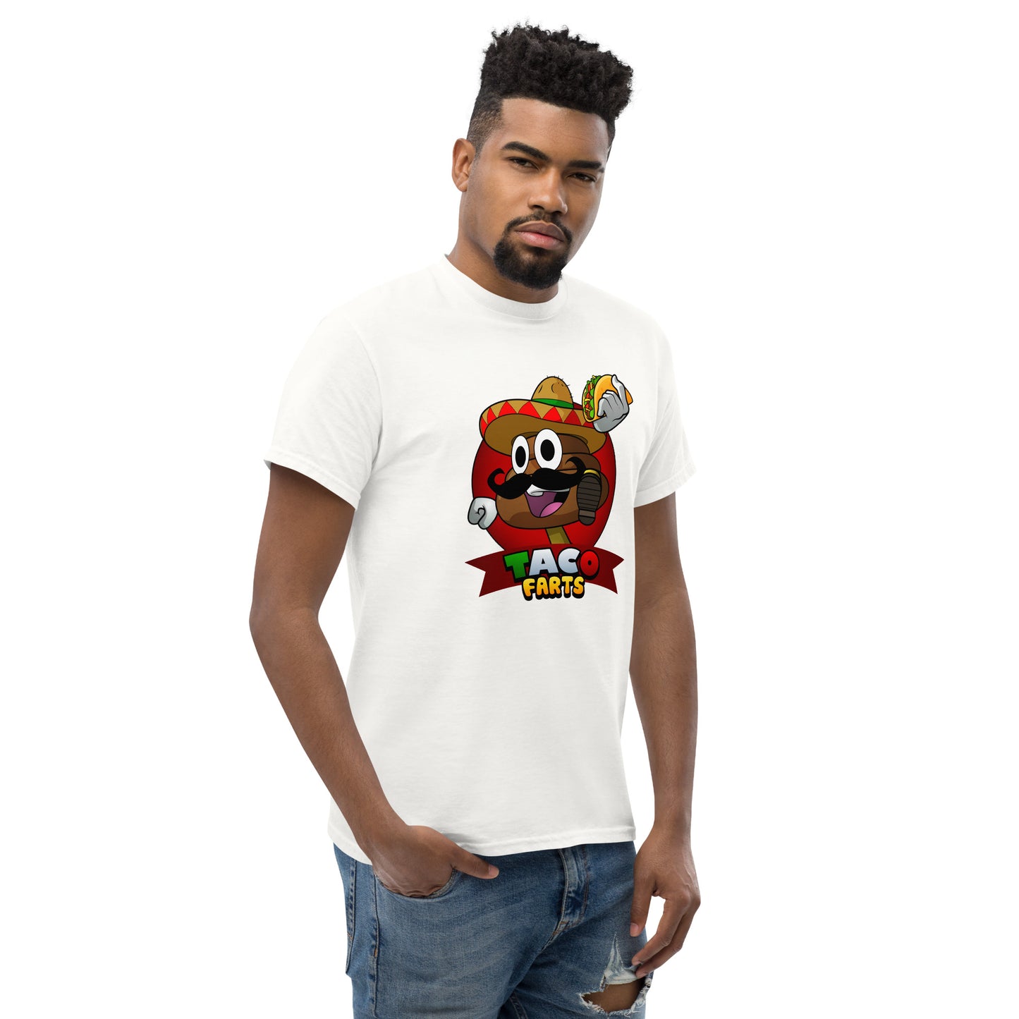 Close-up of Taco Farts print on white tee side angle