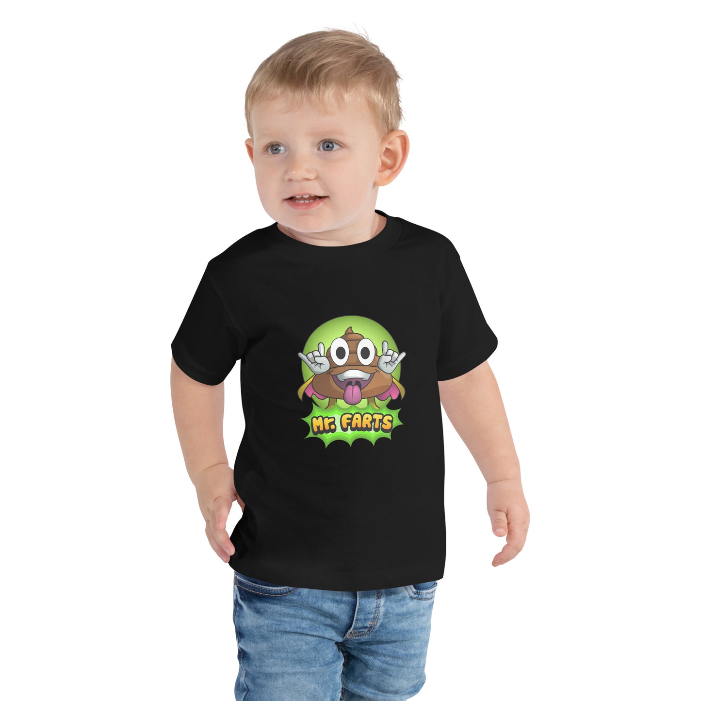 Funny Mr Farts cartoon print on toddler tee in black
