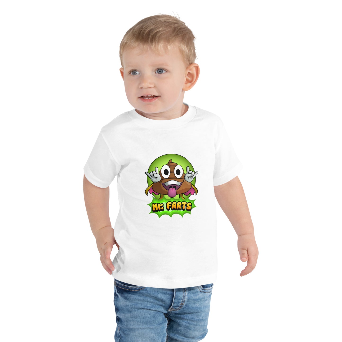 Toddler wearing Mr Farts short sleeve t-shirt in white