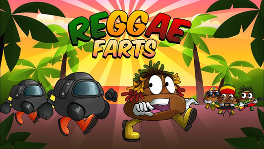 mr farts reggae farts music video thumbnail, being chased by fart exterminators in haz mat suits  with a fart band playing in the background 