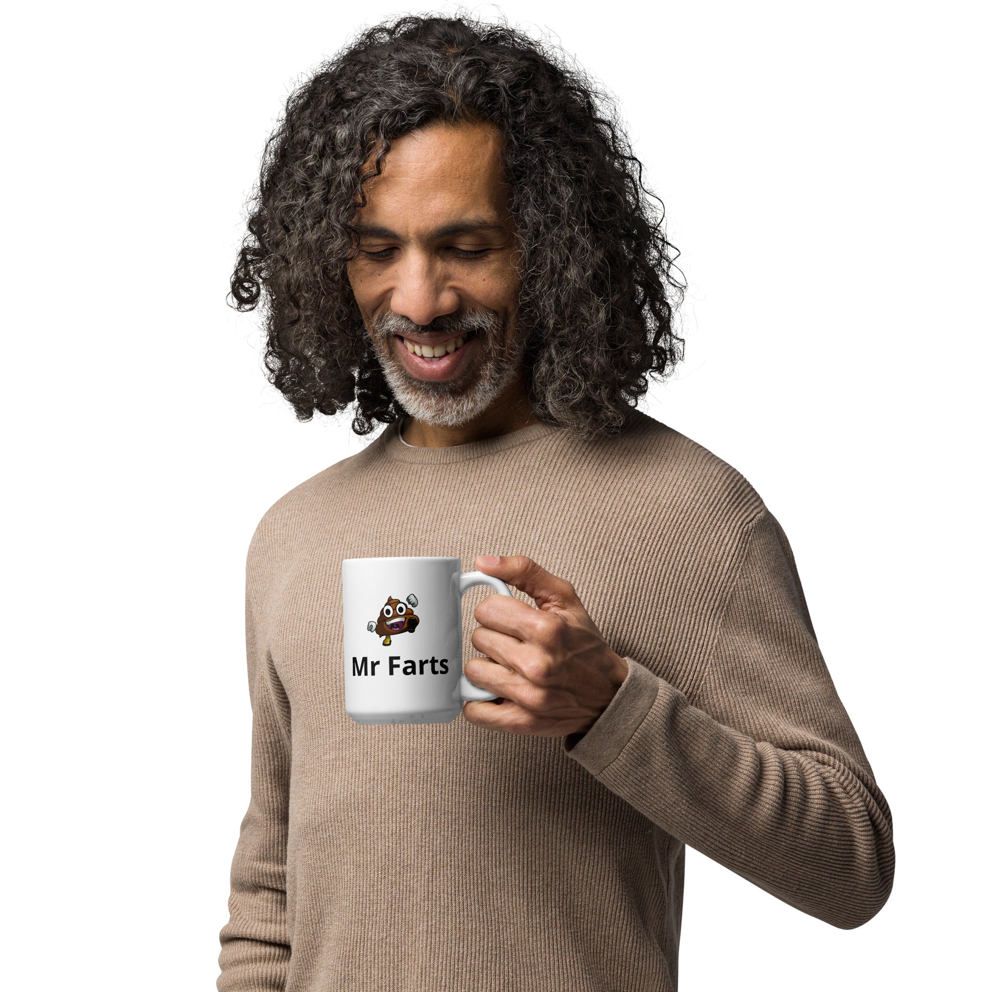 Man looking down at funny novelty mug featuring Mr Farts – microwave and dishwasher safe