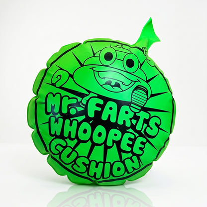 A giant green Mr farts Whoopee cushion on a clean background with Mr Farts Giant Whoopee Cushion written across it. 