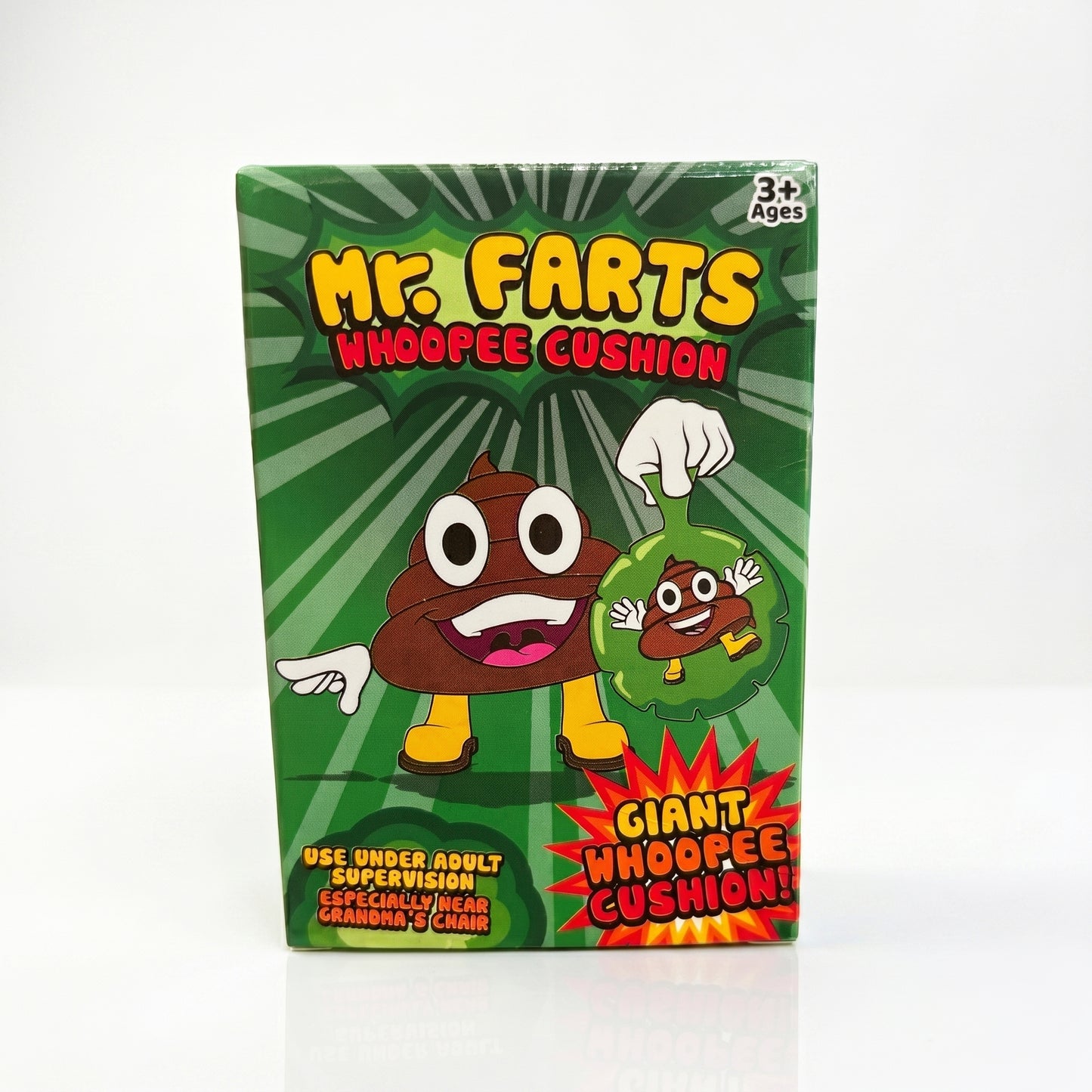 Mr Farts Giant Whoopee cushion packaging on a clean background with the text saying "use under adult supervision especially near Grandma's chair" 