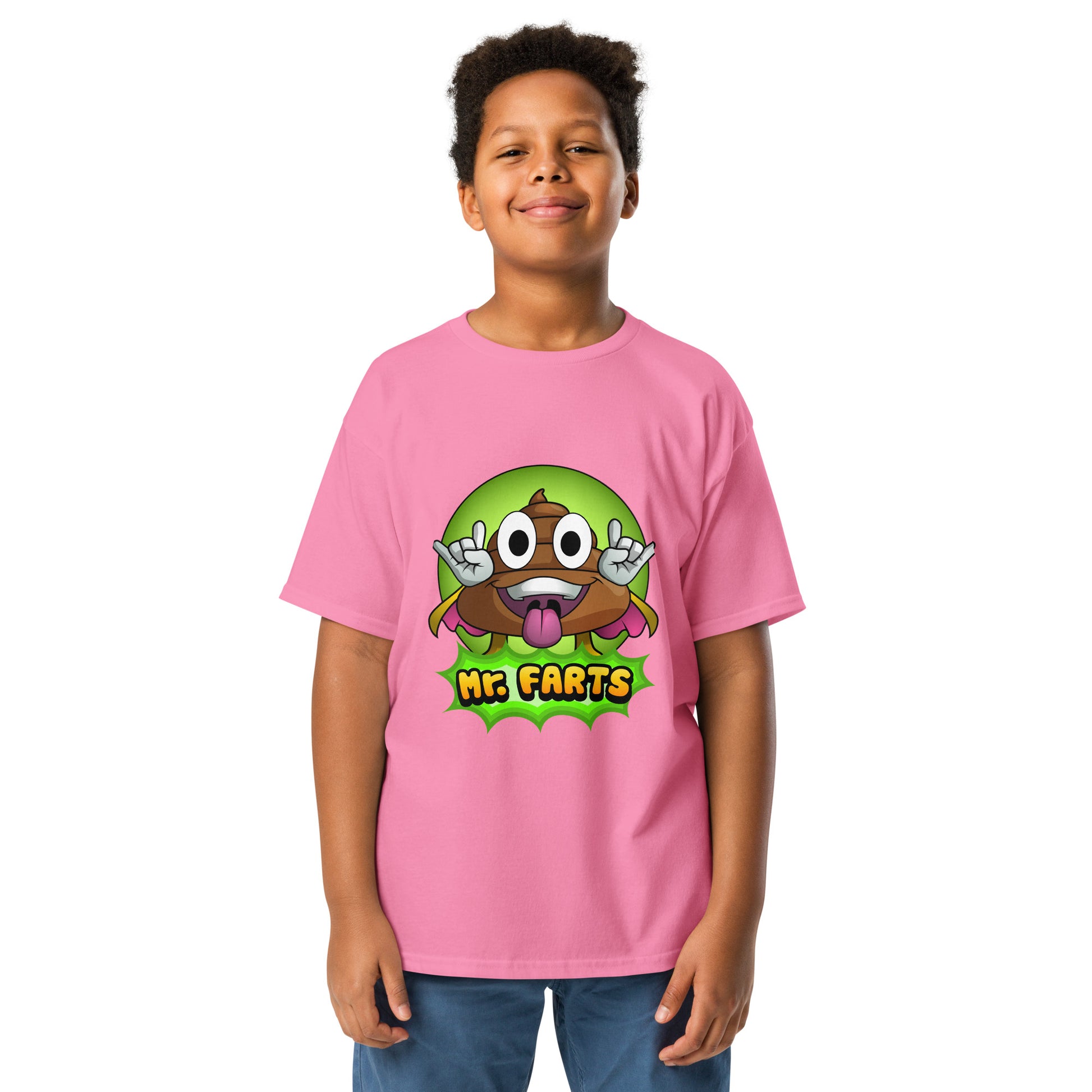 Pink Azeula Classic Mr Farts youth t-shirt with funny print of superhero Mr Farts on the front 