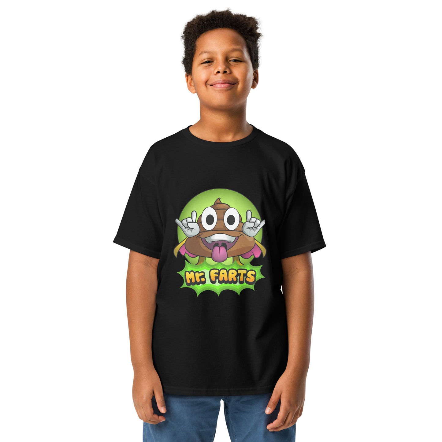 Black Classic Mr Farts youth t-shirt with cheeky print of Mr Farts on the front 