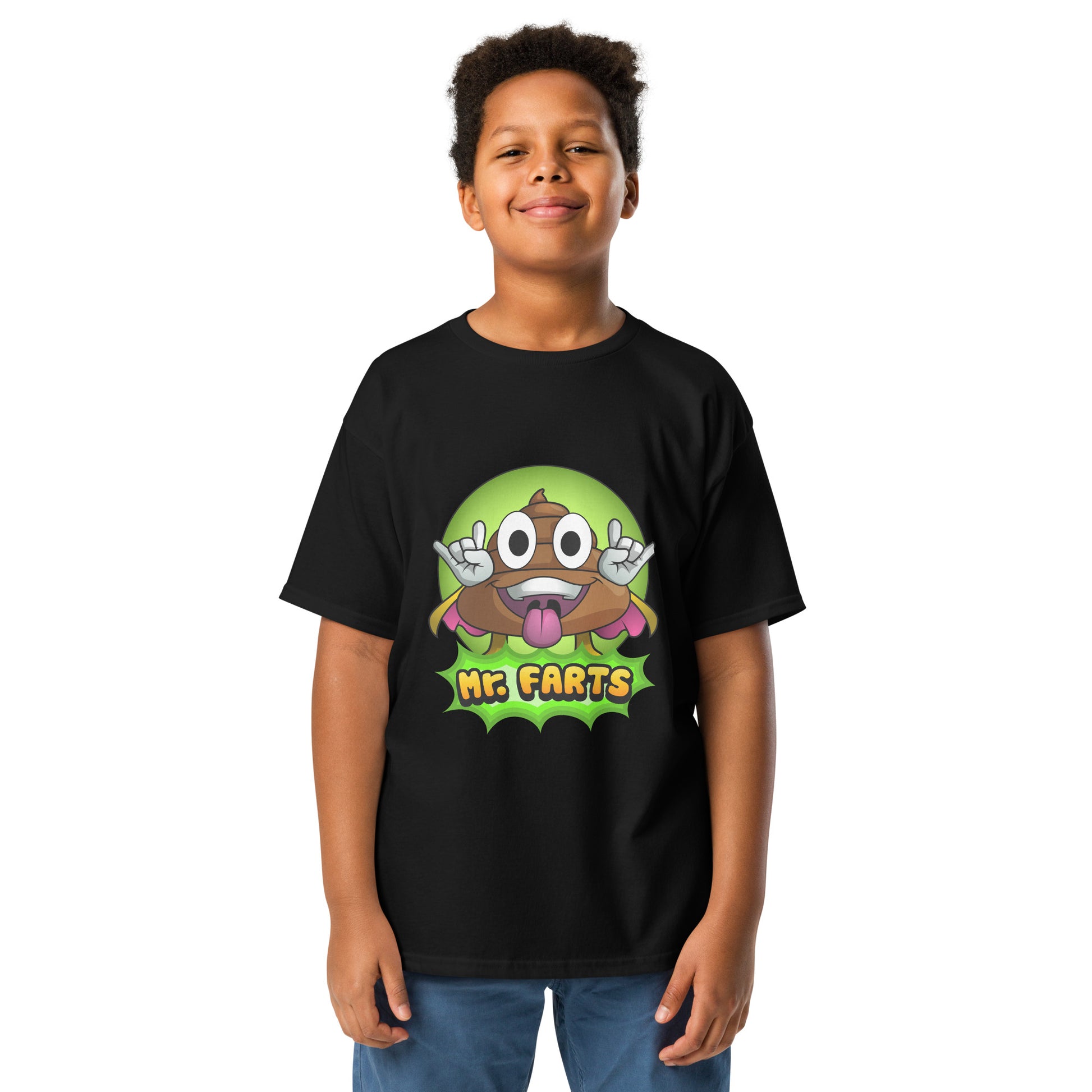 Black Classic Mr Farts youth t-shirt with cheeky print of Mr Farts on the front 