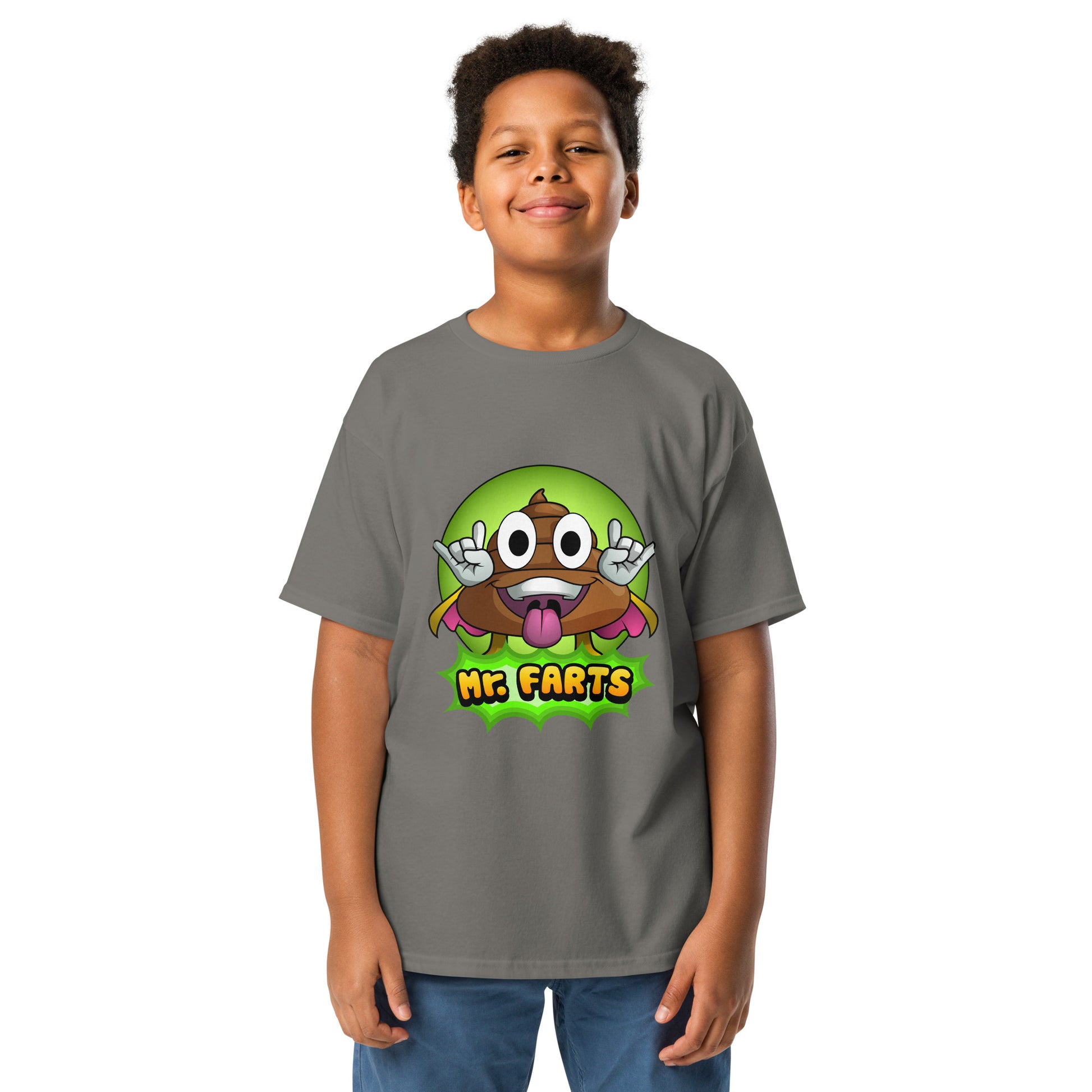 Charcoal Classic Mr Farts youth t-shirt with bold bright green pantone print 