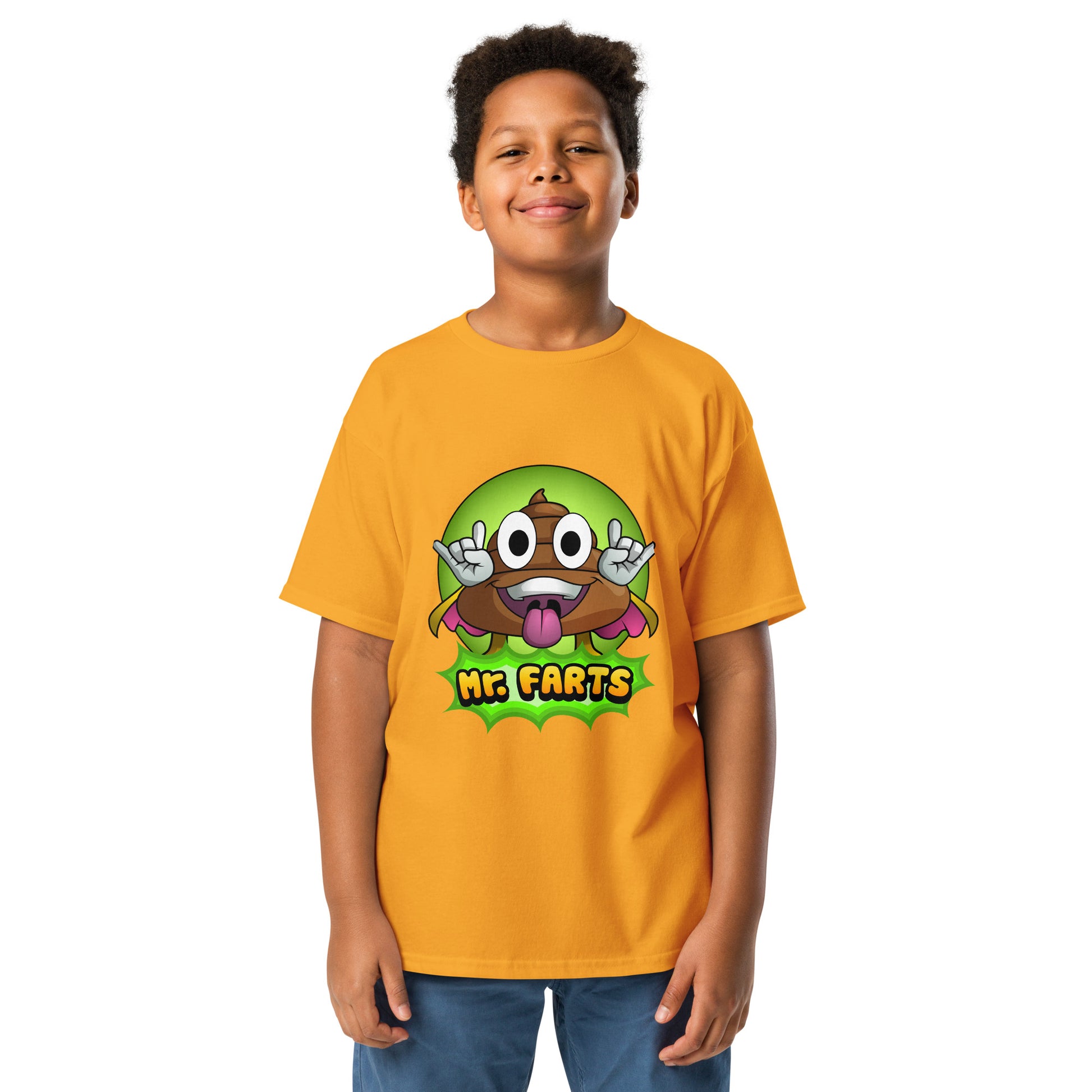 Gold Classic Mr Farts youth t-shirt with bold logo of Superhero Mr Farts on the front 