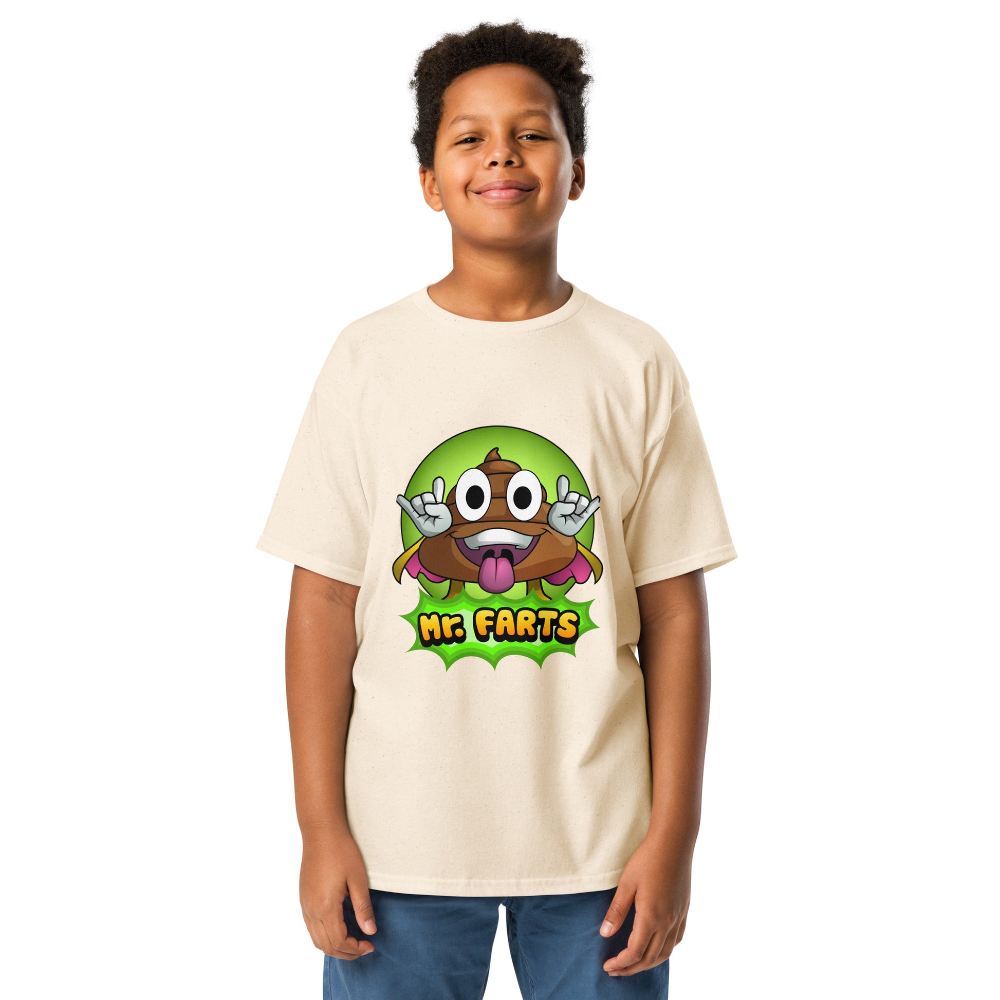 Natural off-white Classic Mr Farts youth t-shirt with logo of Superhero Mr Farts on the front 