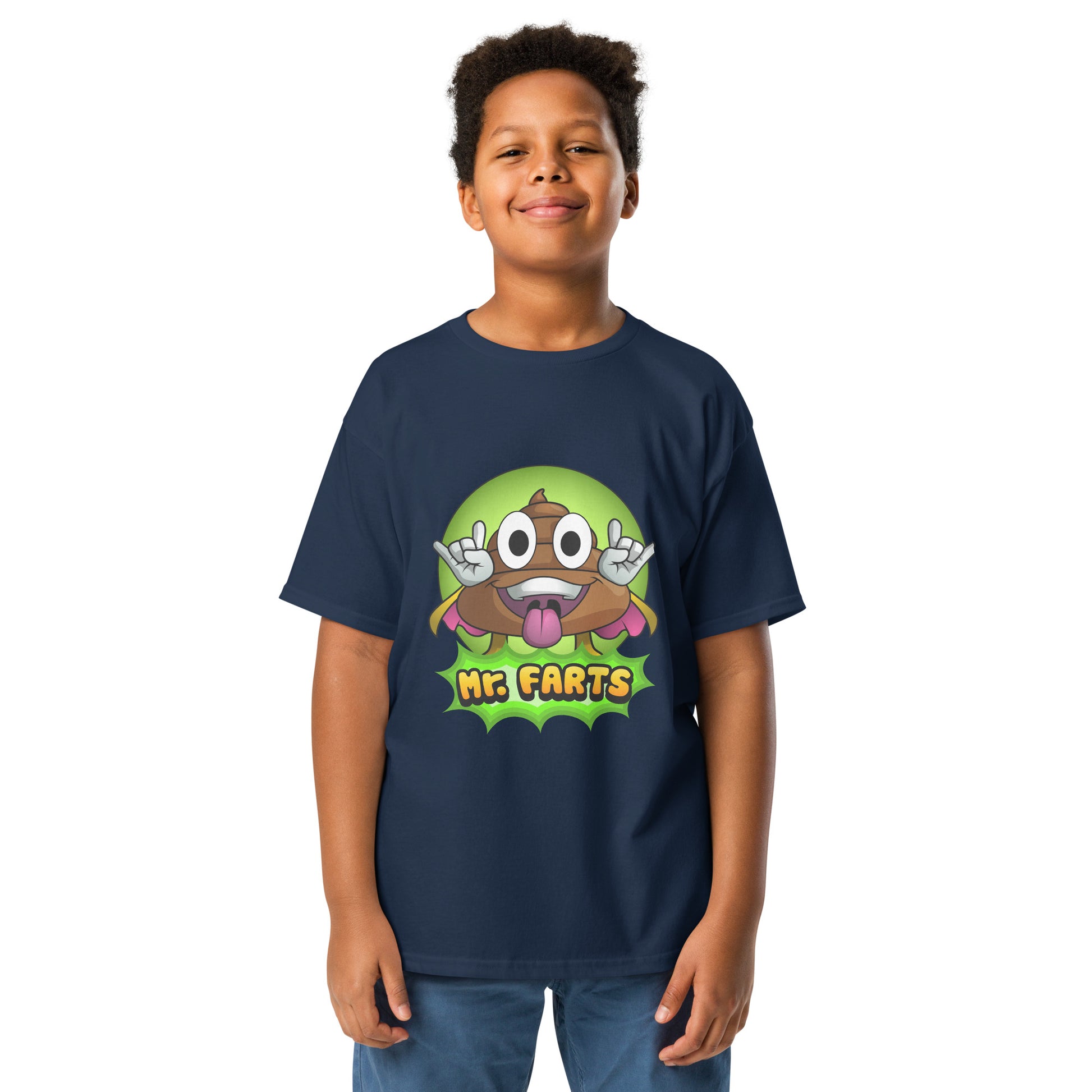 Navy Classic Mr Farts youth t-shirt with cartoon logo on the front 