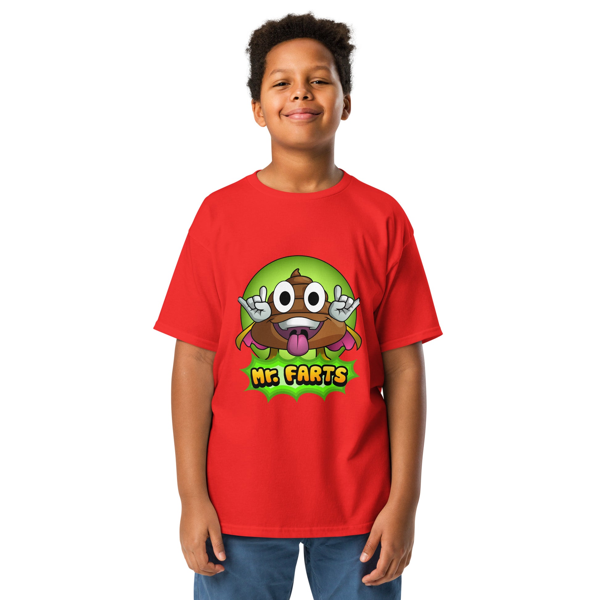 Red Classic Mr Farts youth t-shirt with funny cartoon logo on the front 