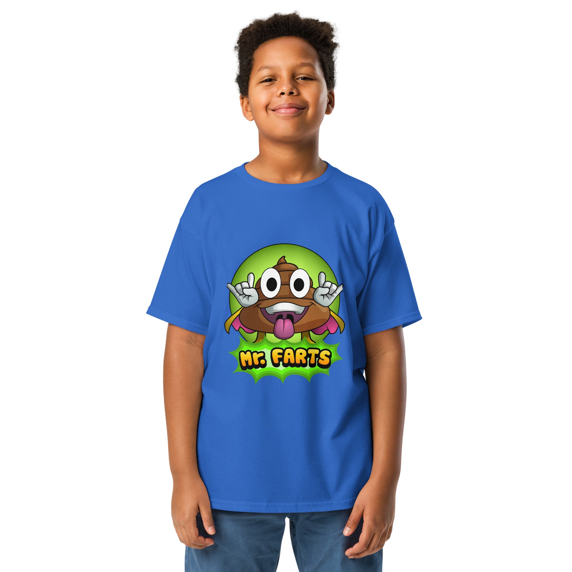 Blue Classic Mr Farts youth t-shirt with vibrant design of Mr Farts on front 