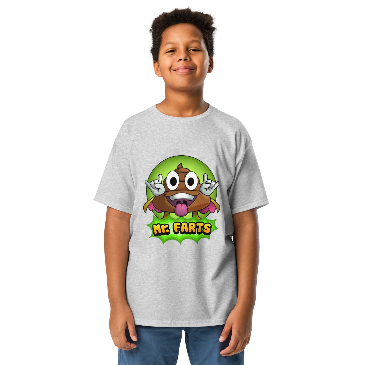 Classic Mr Farts youth t-shirt in grey with vibrant logo