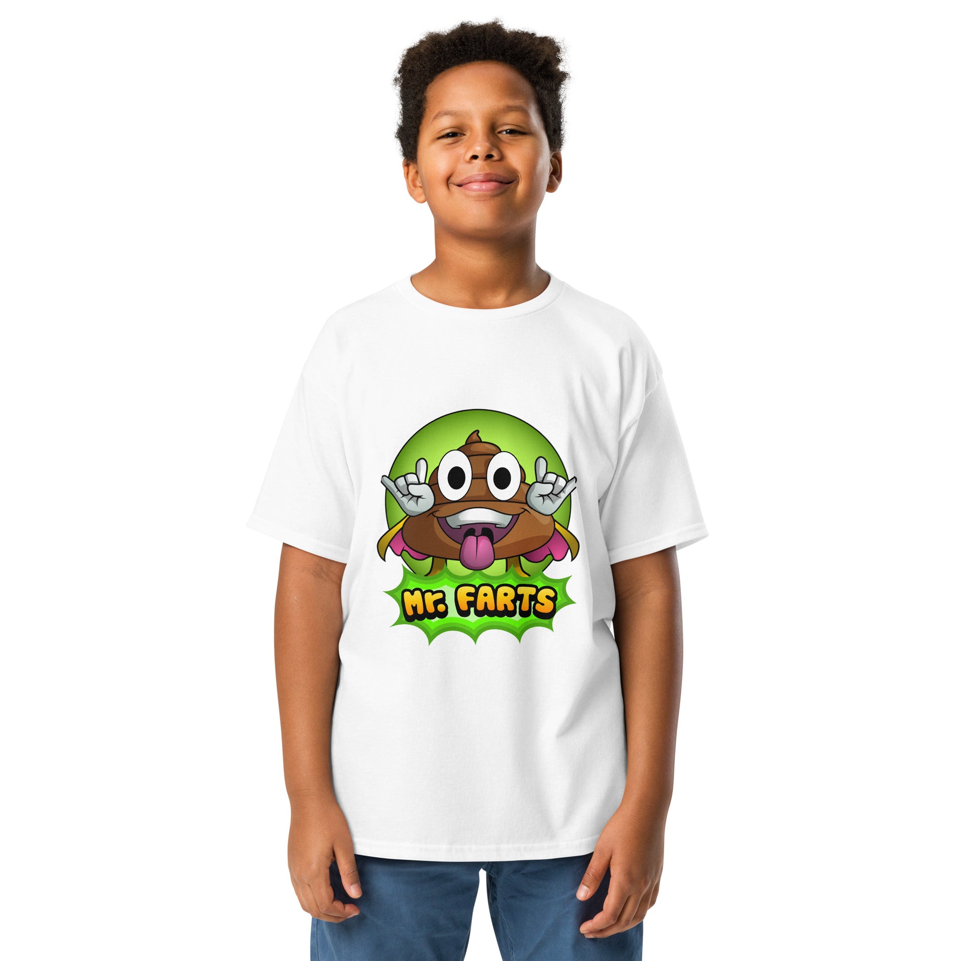 White Classic Mr Farts youth t-shirt with cheeky print of Mr Farts 