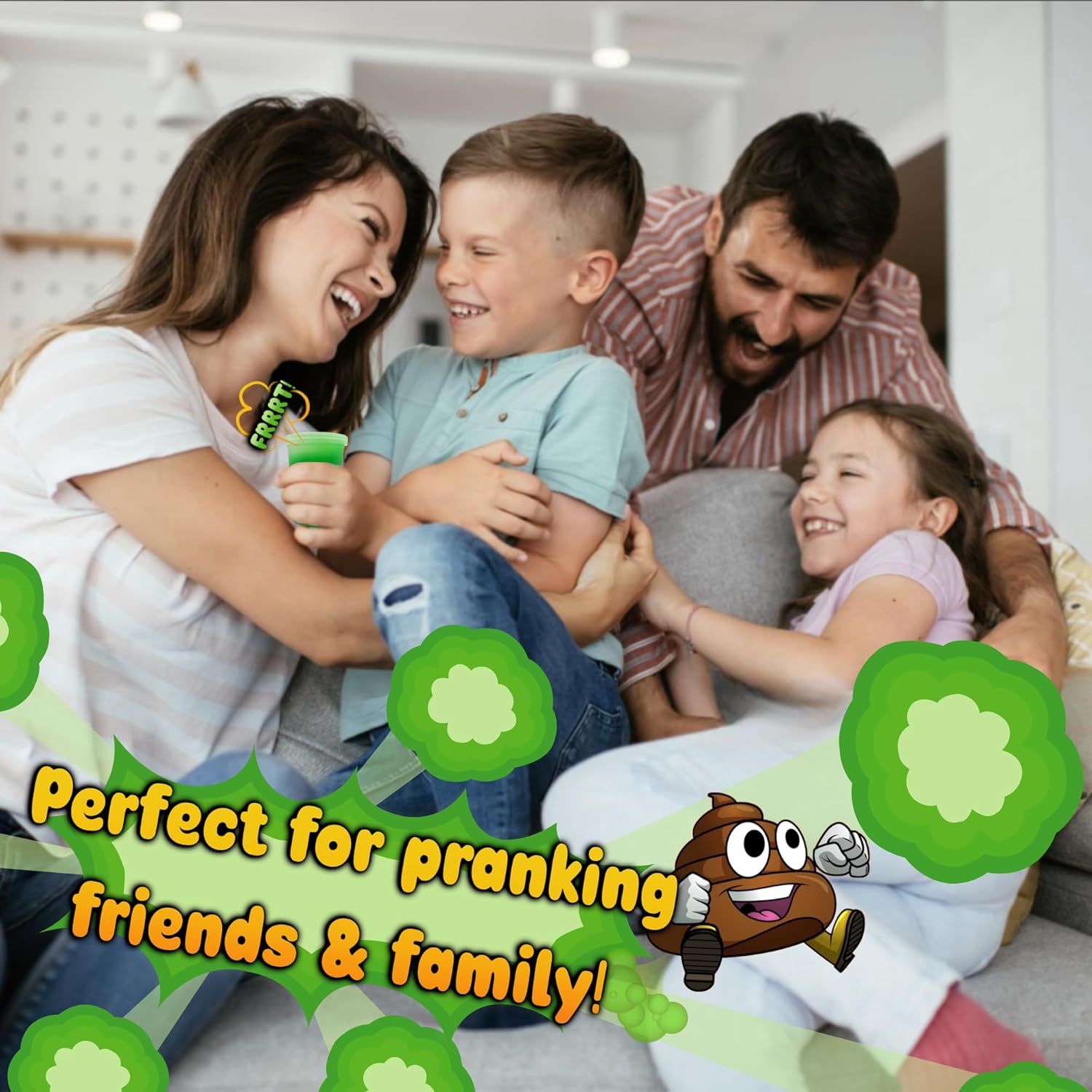 Family Laughing at kid using Mr Farts fart putty with Mr Farts graphics on screen 