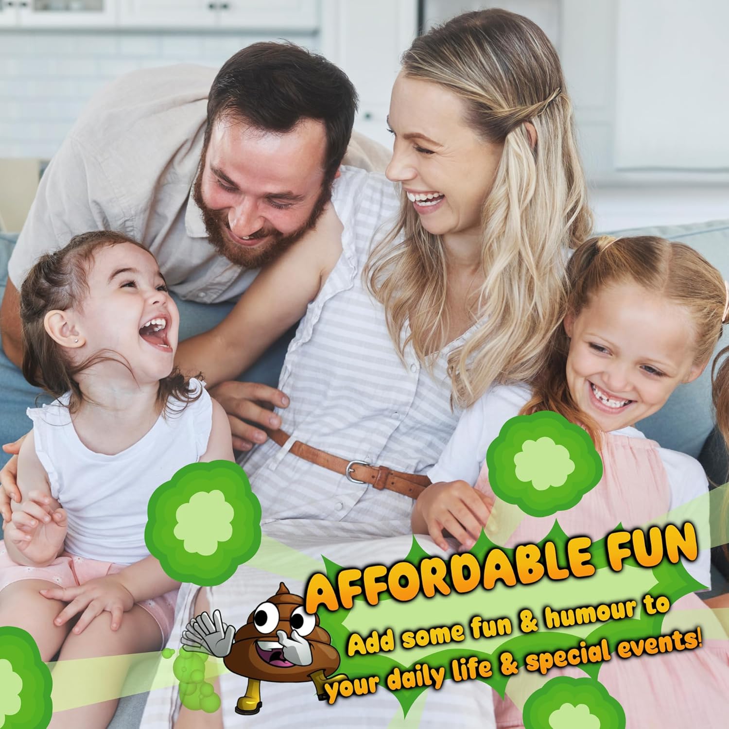 Family all laughing about Mr Farts fart putty with graphic saying it is affordable. 