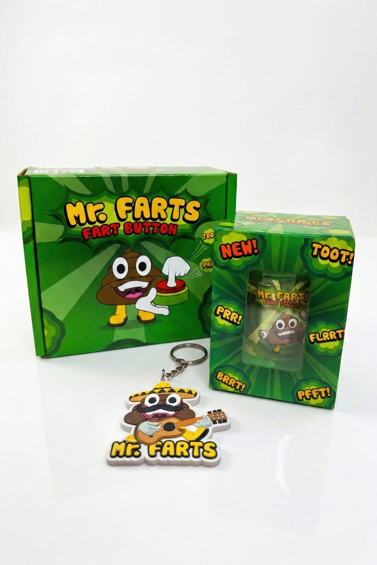 mr farts fart bundle including fart button, fart putty in custom packaging and exclusive Taco Farts key ring on a white background.