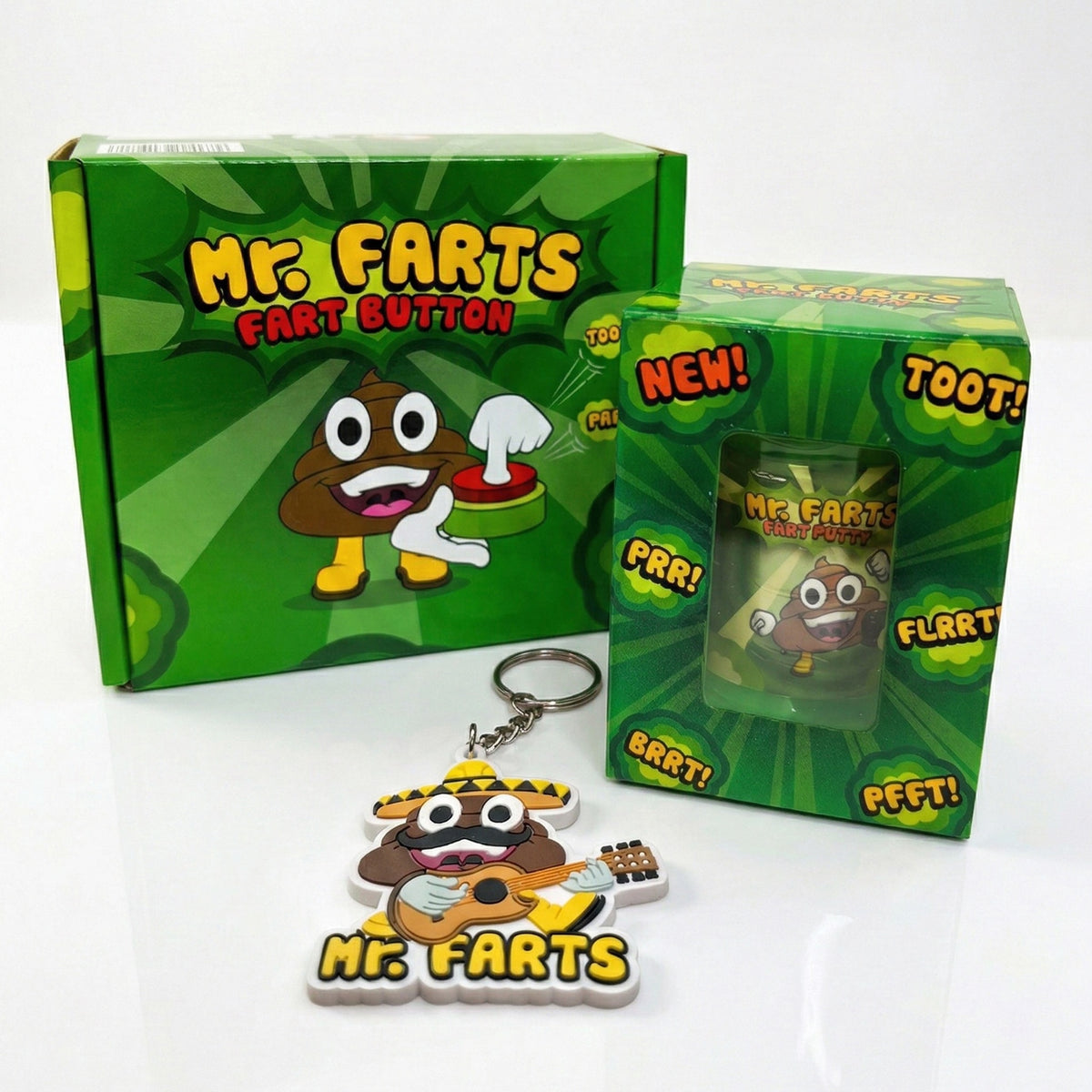 Mr. Farts Fart Button collectible set including a green Mr Farts character box, a clear Fart Putty box with the character, and a matching Taco Farts keychain, all featuring the cartoon poop character with yellow text on green packaging.
