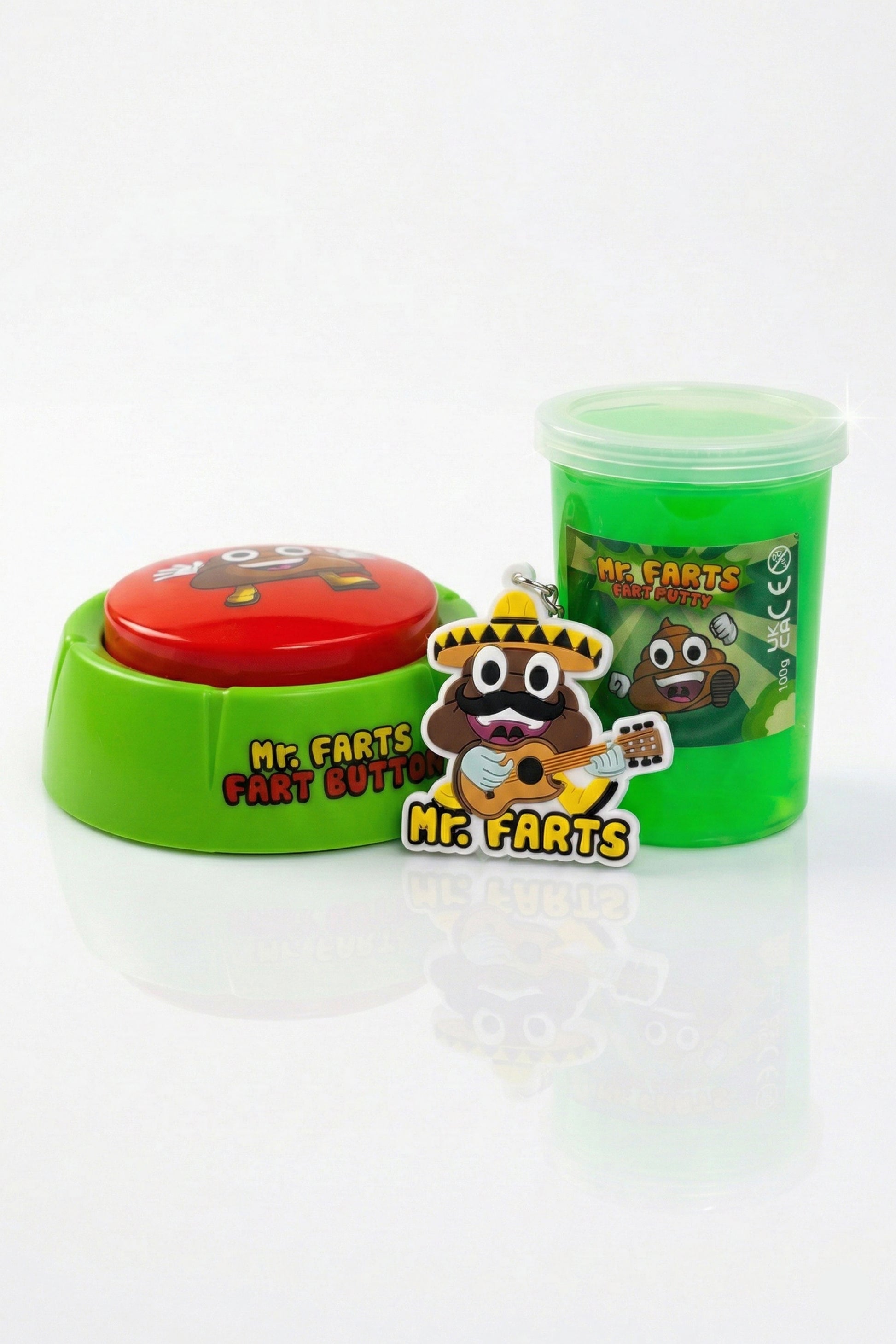 mr farts fart bundle including fart button, fart putty and exclusive Taco Farts key ring