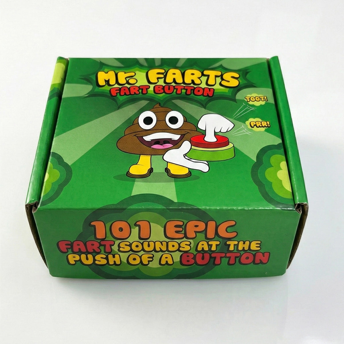 A green cardboard product box for a novelty item titled 'Mr. Farts Fart Button' with cartoon artwork of a poop character called Mr Farts pressing a red fart button, and text reading '101 EPIC FART SOUNDS AT THE PUSH OF A BUTTON'.