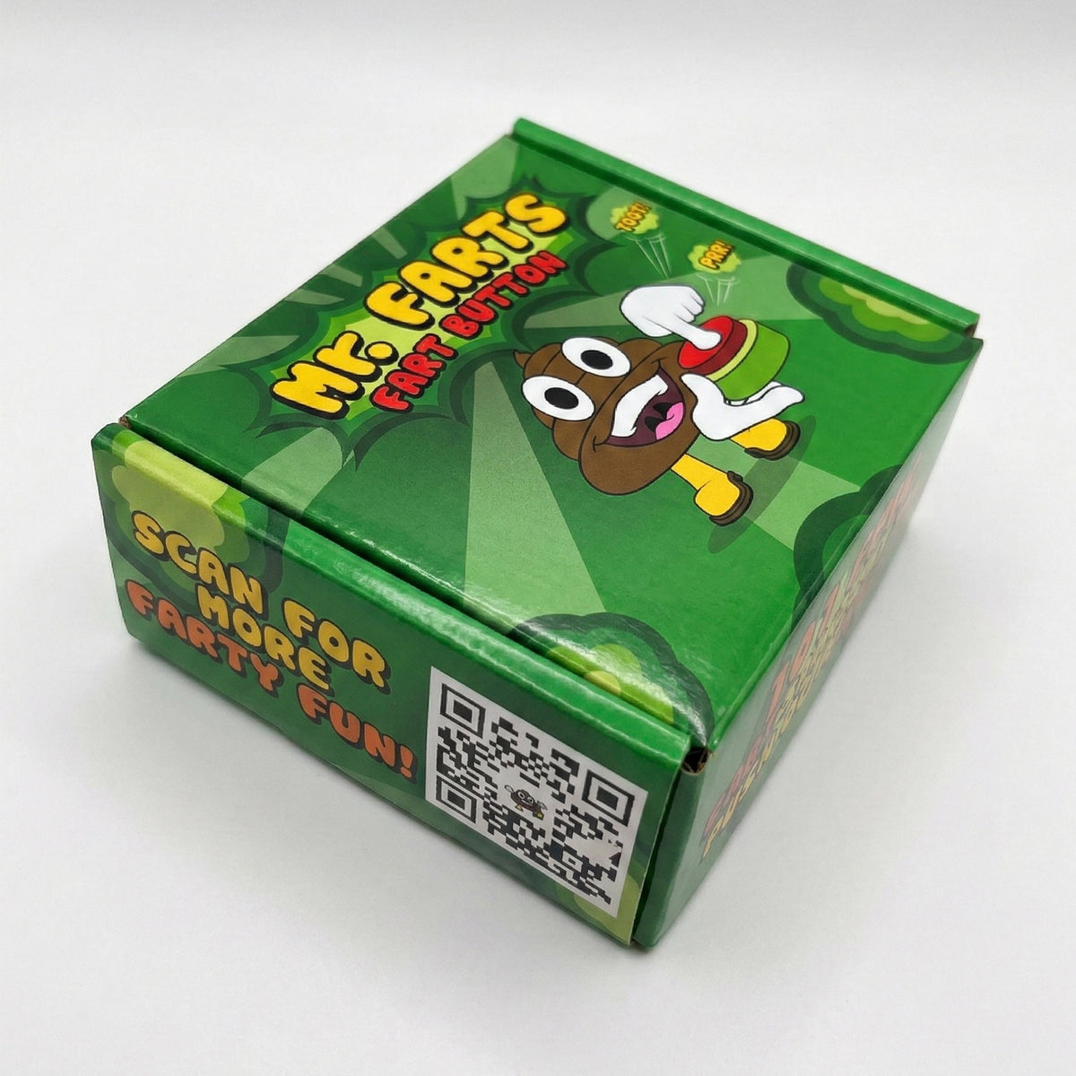 A green cardboard product box for 'Mr Farts Fart Button' featuring a cartoon poop (Mr Farts) character and a QR code on the side, photographed on a white background.