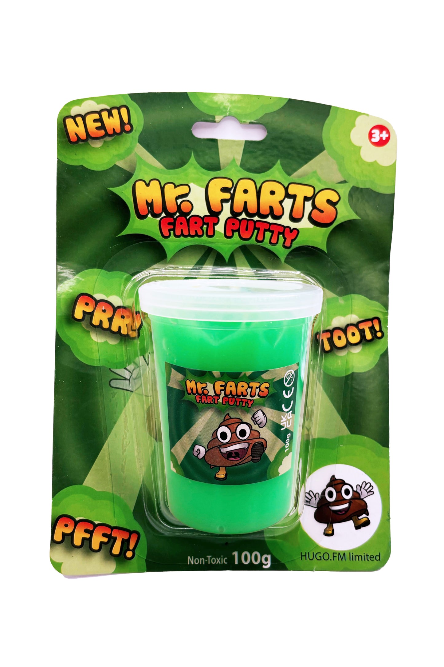 Packaged green fart putty with 'Mr. Farts' branding on a green background and multiple fart onomatopoeic words on packaging 