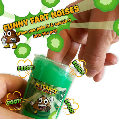 Green Mr Farts fart putty being squeezed to make sound using two fingers with graphics across the screen 