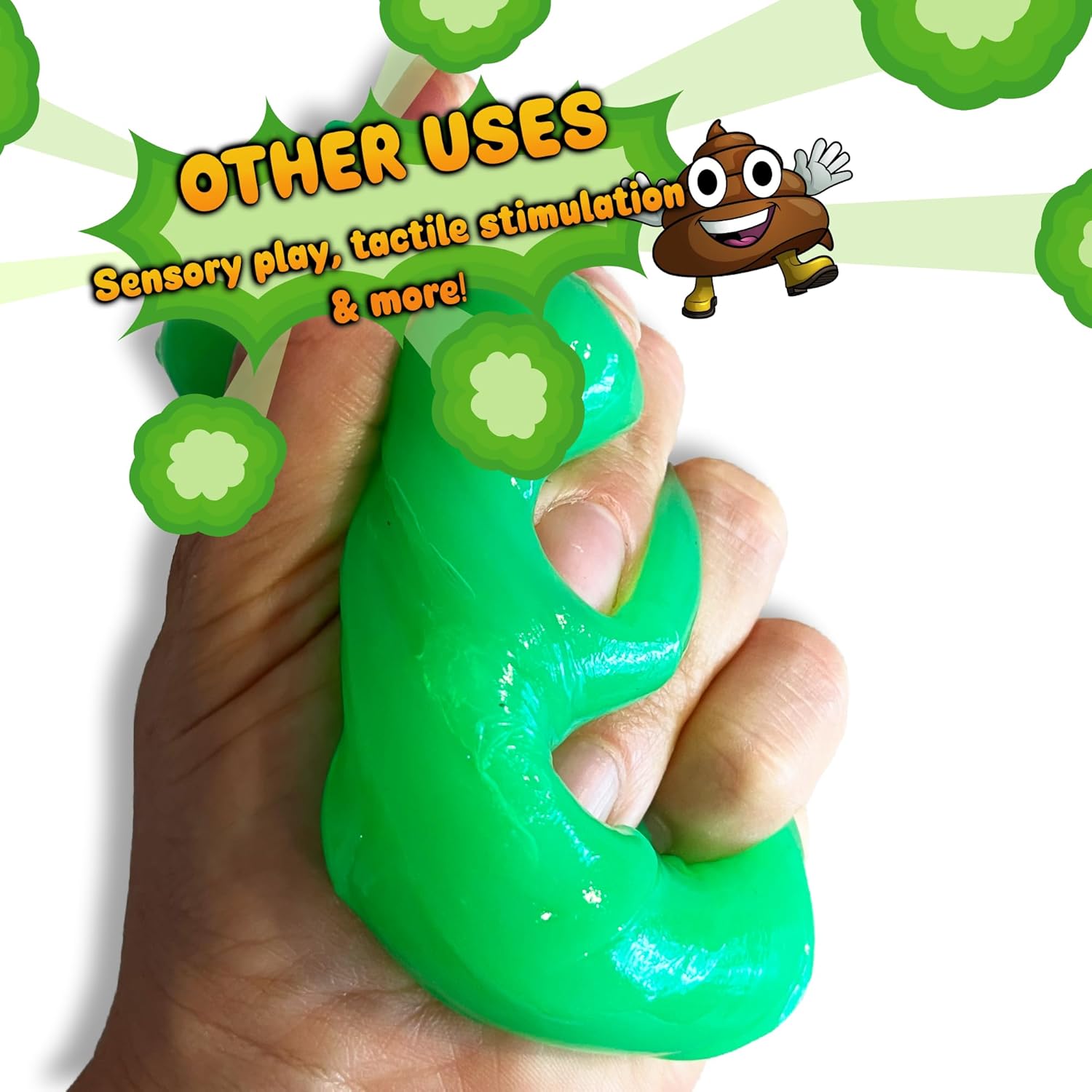 Green Mr Farts fart putty being squeezed to make sound in hand with Mr Farts graphics overlay 