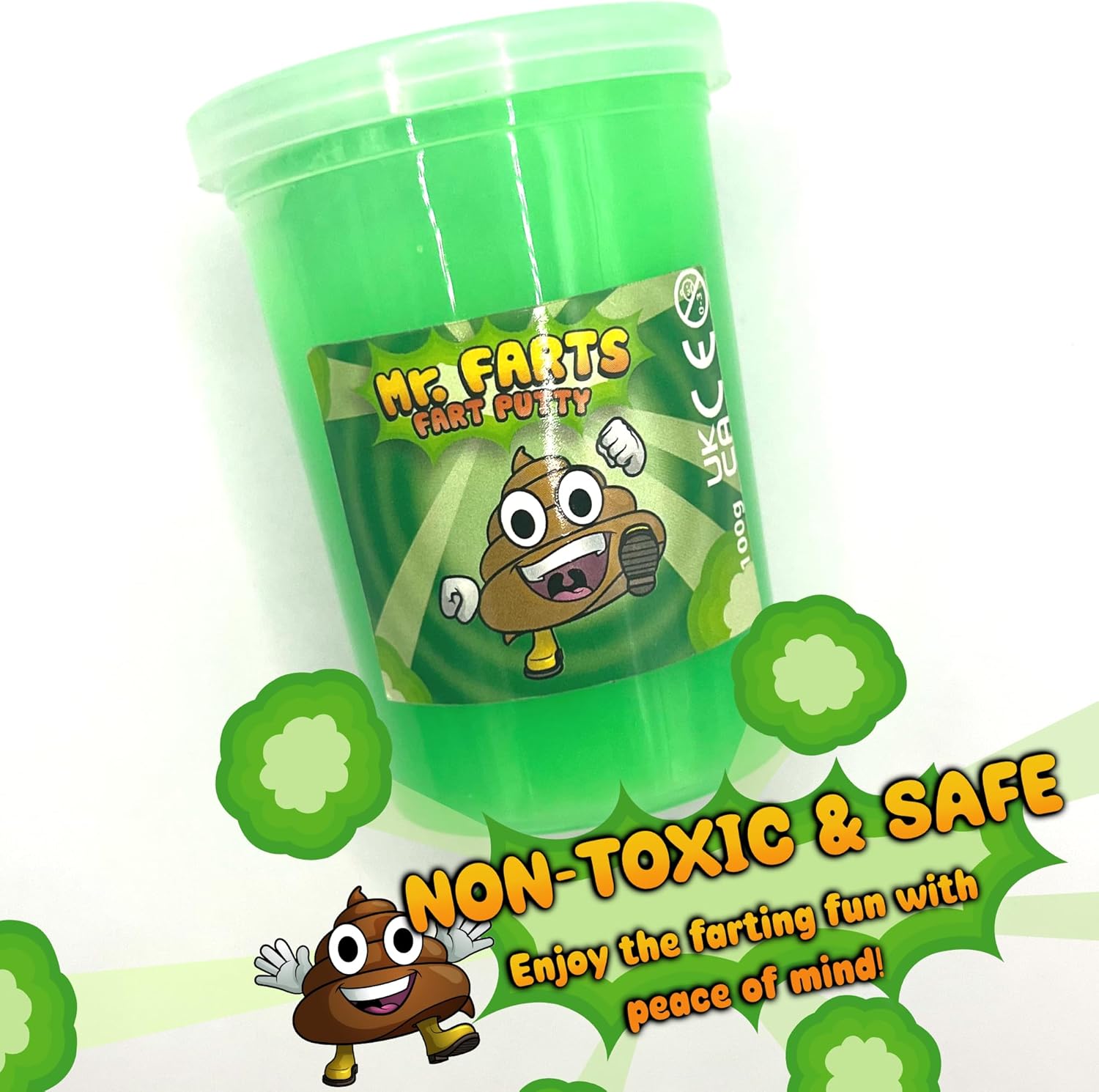 Mr Farts fart putty slime close up with graphic overlay declaring non-toxicity 