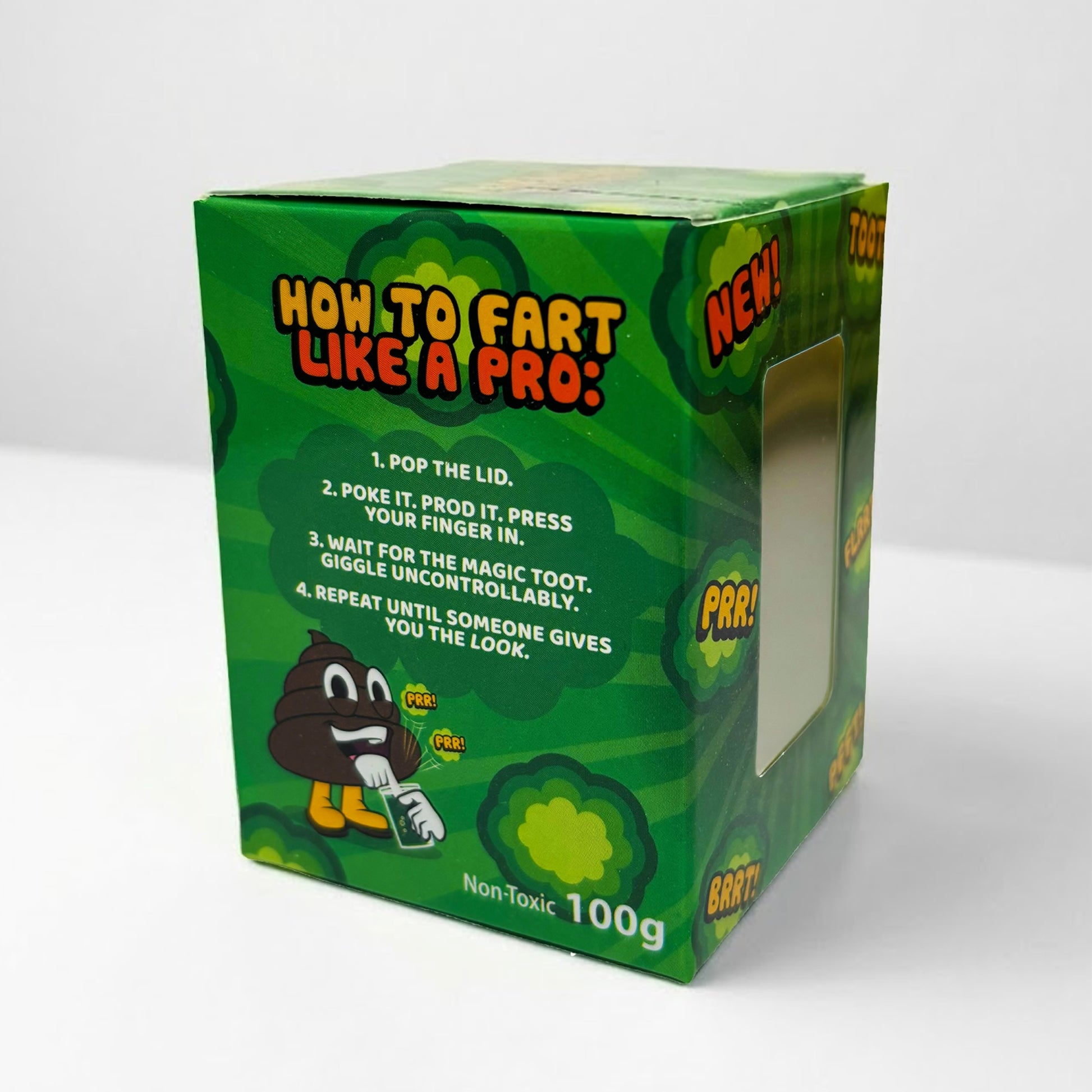 A green novelty product box titled 'HOW TO FART LIKE A PRO:' Text printed instructions on the side of the Mr Farts Fart Putty packaging, cartoon poop graphics, and a clear side window showing a Fart Putty tub, photographed on a light grey studio background.