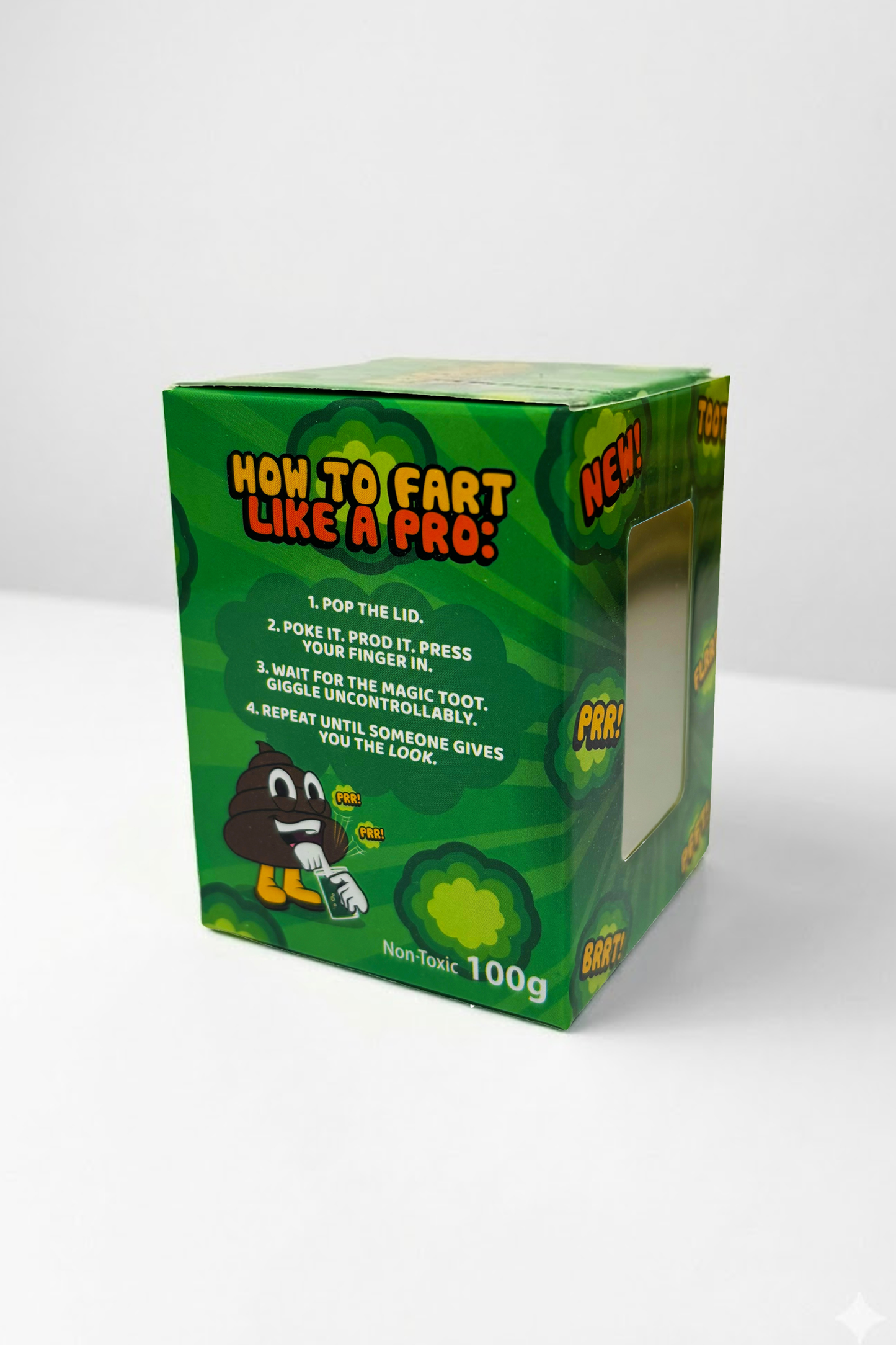 Mr Farts fart putty packaging side angle showing how to fart like a pro... 