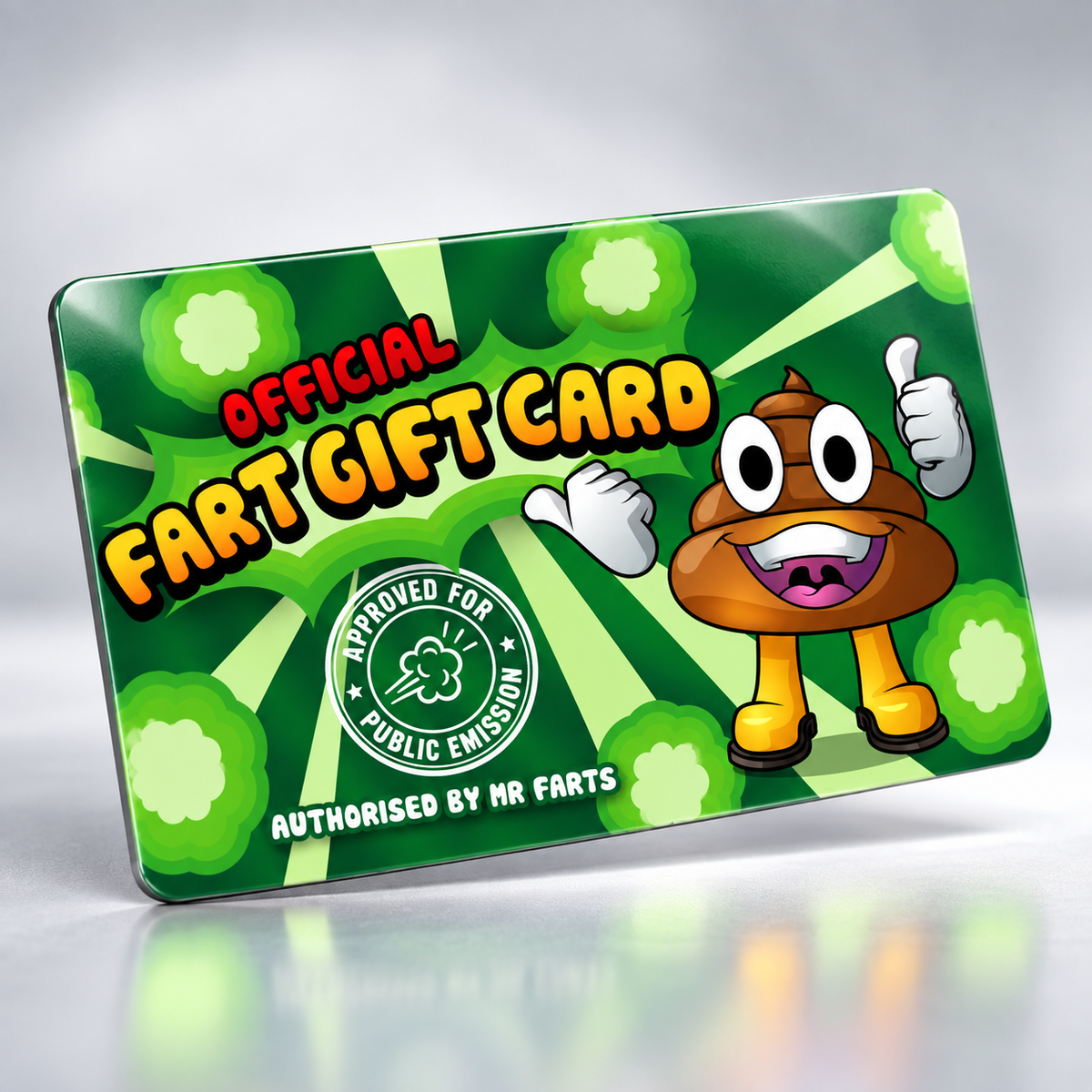 A novelty gift card with a green background and cartoon Mr Farts character, labeled 'OFFICIAL FART GIFT CARD' with a circular 'Approved for Public Emission' seal.